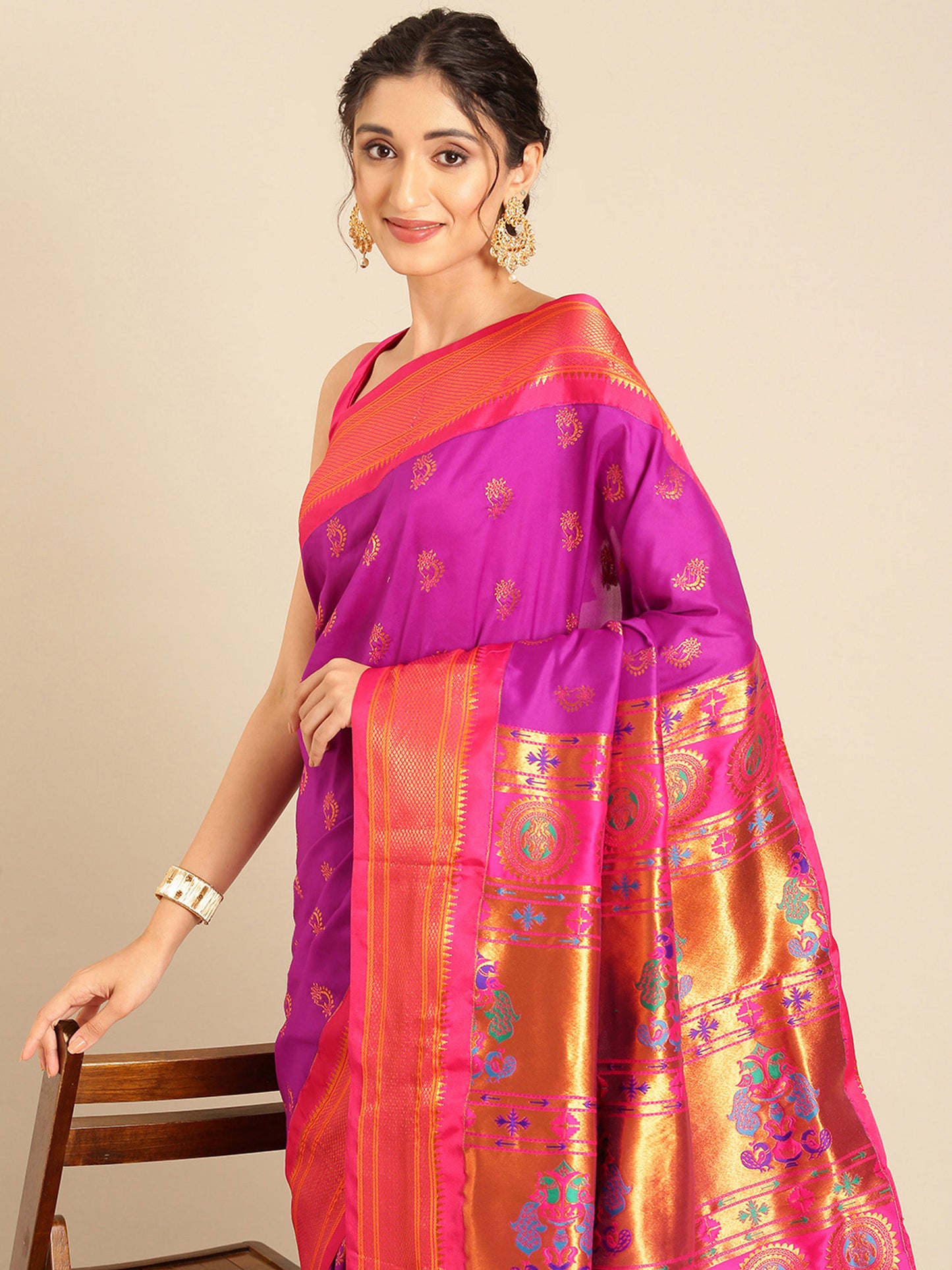 Baanai Purple & Pink Soft Silk Peshwai Nath Paithani Saree