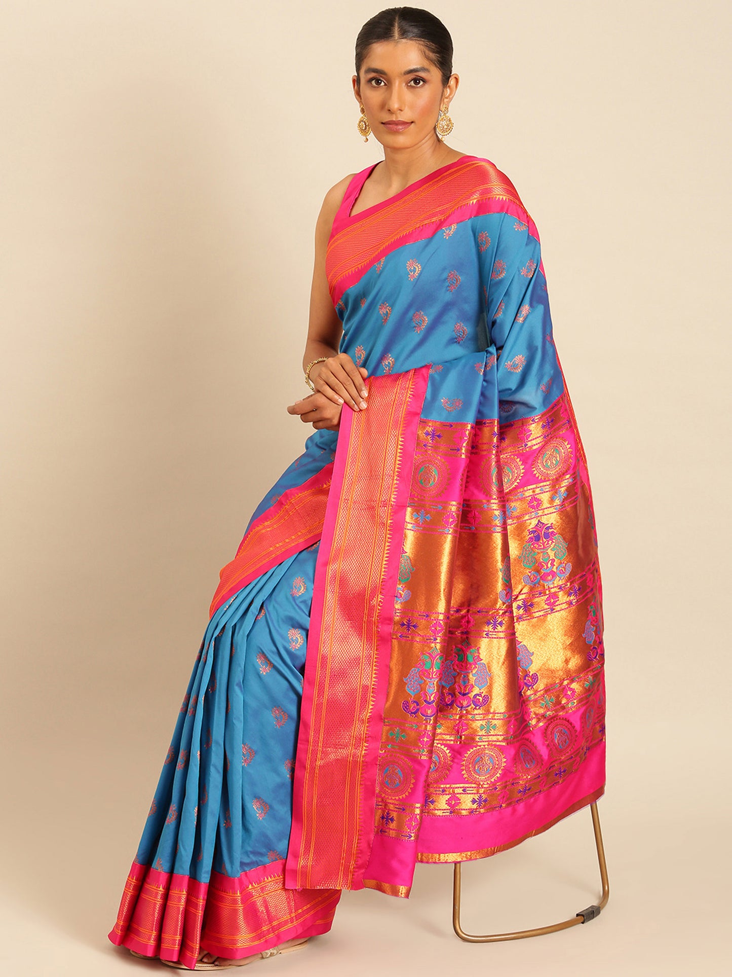 Baanai Firozi & Pink Soft Silk Peshwai Nath Paithani Saree