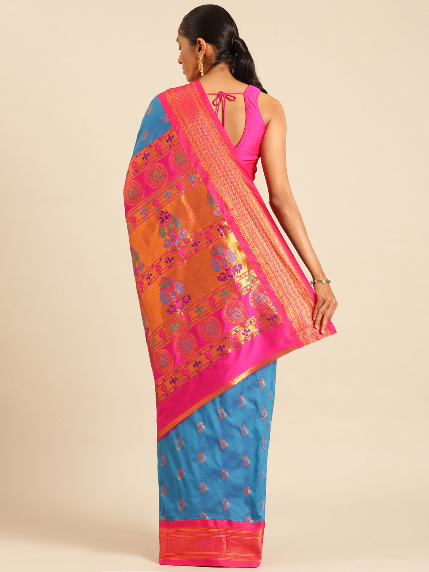 Baanai Firozi & Pink Soft Silk Peshwai Nath Paithani Saree