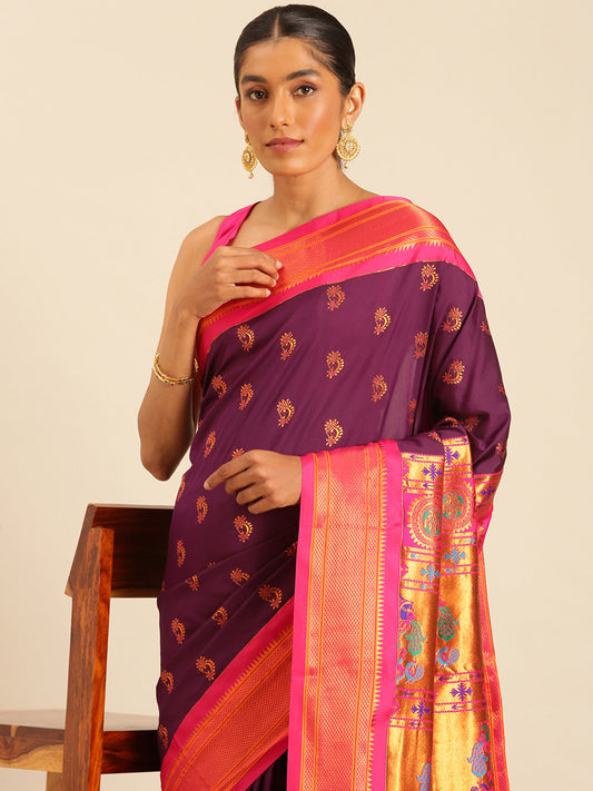 Baanai Maroon & Pink Soft Silk Peshwai Nath Paithani Saree