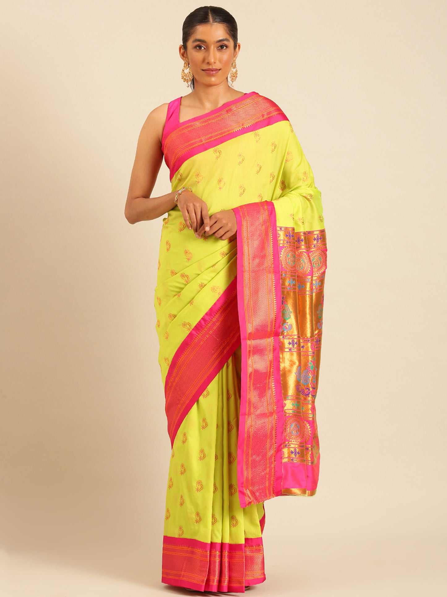 Baanai Popati & Pink Soft Silk Peshwai Nath Paithani Saree