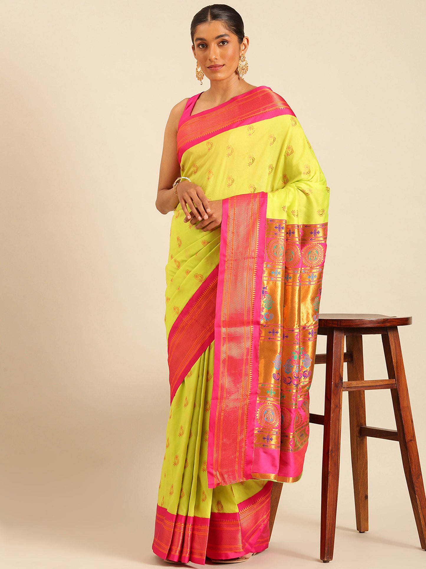 Baanai Popati & Pink Soft Silk Peshwai Nath Paithani Saree