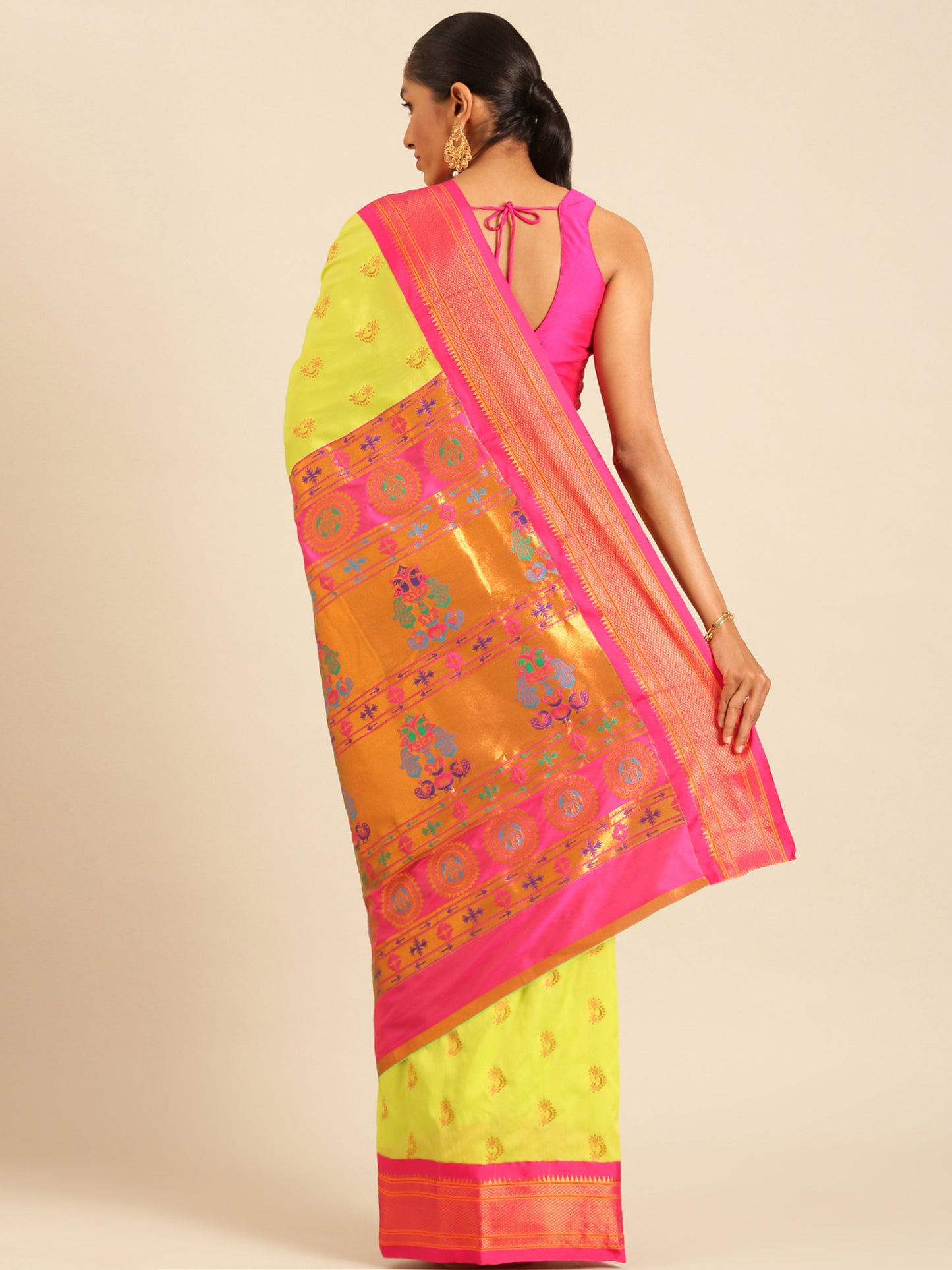 Baanai Popati & Pink Soft Silk Peshwai Nath Paithani Saree