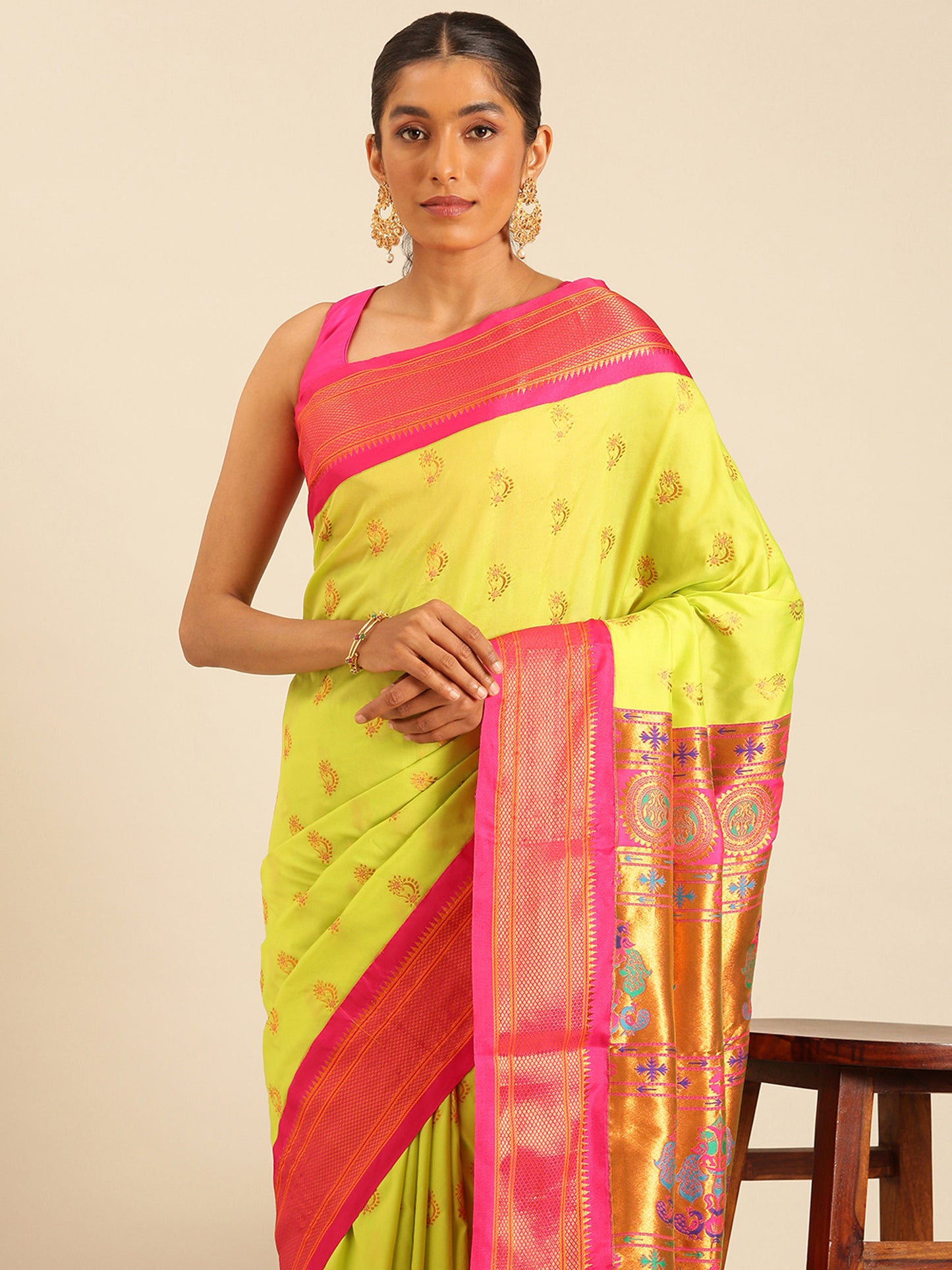 Baanai Popati & Pink Soft Silk Peshwai Nath Paithani Saree