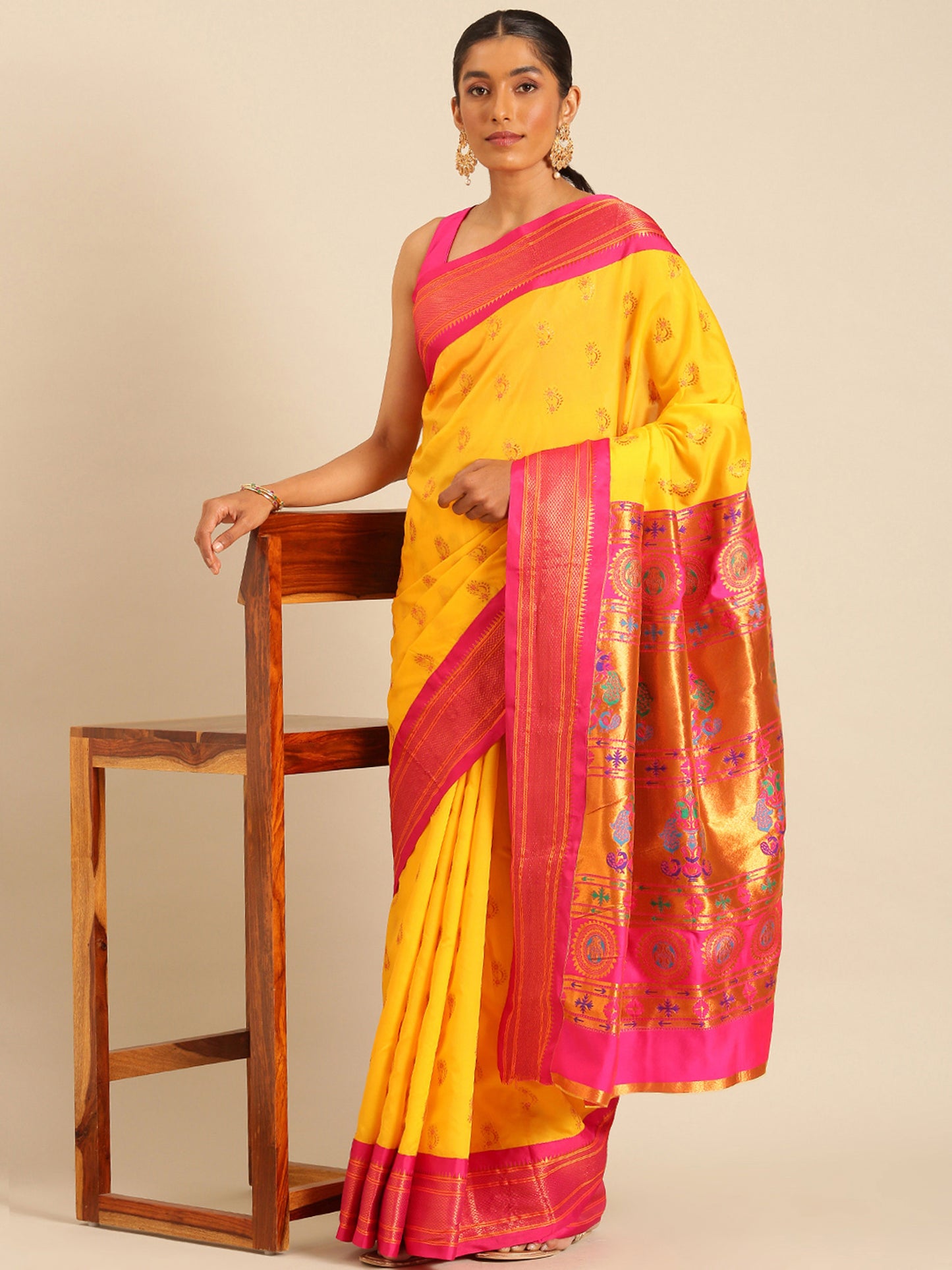 Baanai Haldi & Pink Soft Silk Peshwai Nath Paithani Saree