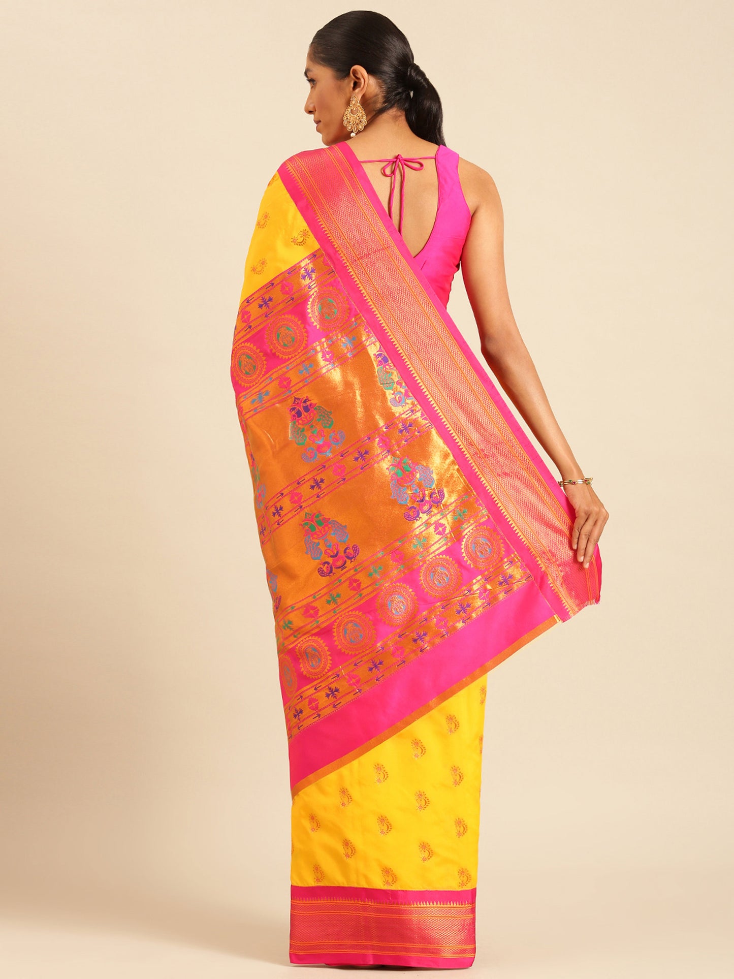 Baanai Haldi & Pink Soft Silk Peshwai Nath Paithani Saree