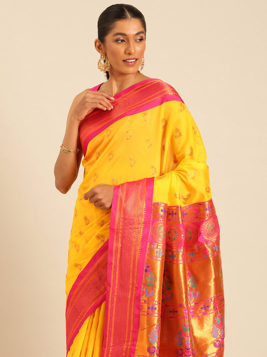 Baanai Haldi & Pink Soft Silk Peshwai Nath Paithani Saree