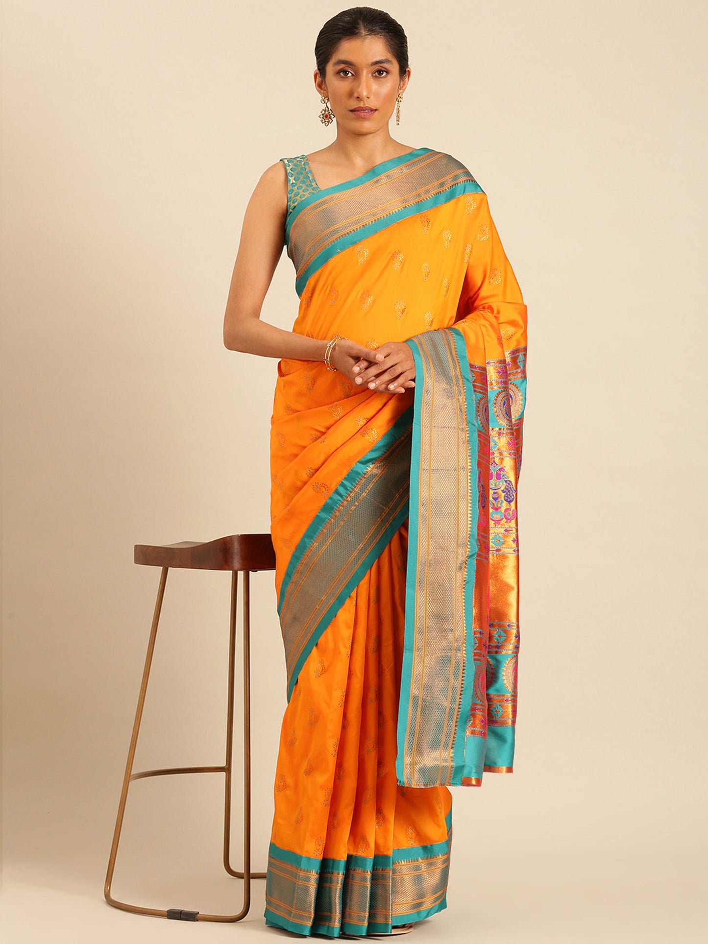 Baanai Orange & Rama Soft Silk Peshwai Nath Paithani Saree
