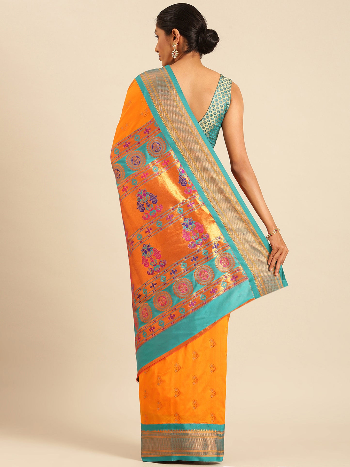 Baanai Orange & Rama Soft Silk Peshwai Nath Paithani Saree