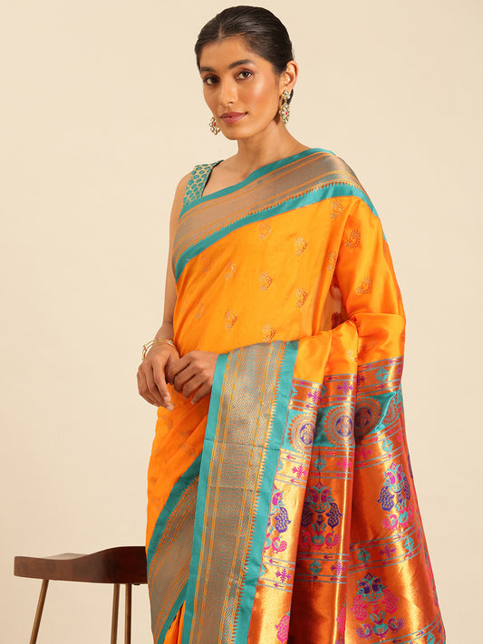 Baanai Orange & Rama Soft Silk Peshwai Nath Paithani Saree