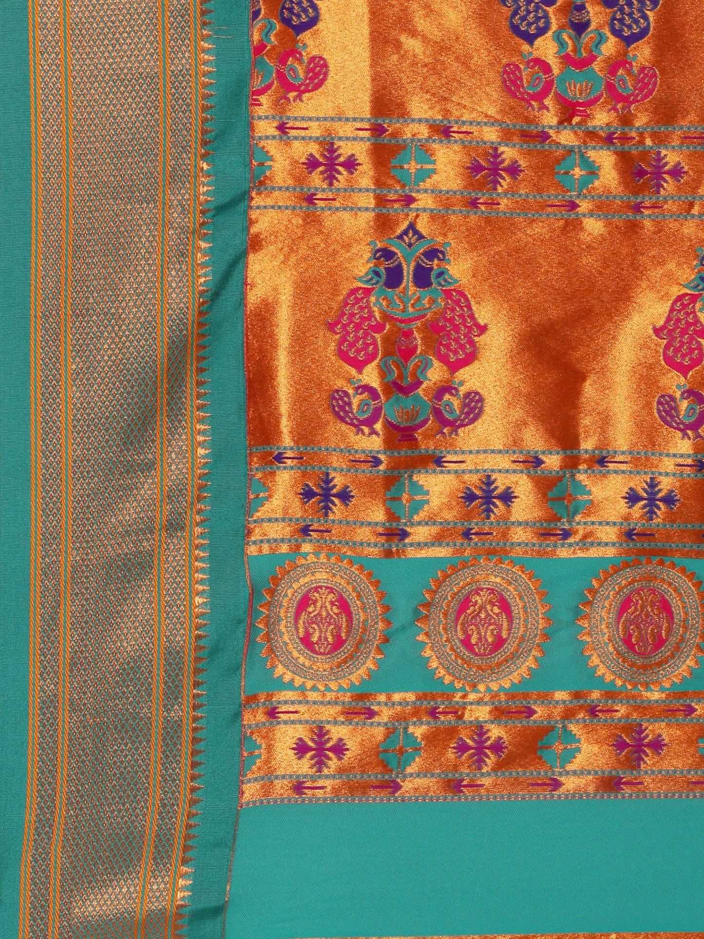 Baanai Orange & Rama Soft Silk Peshwai Nath Paithani Saree