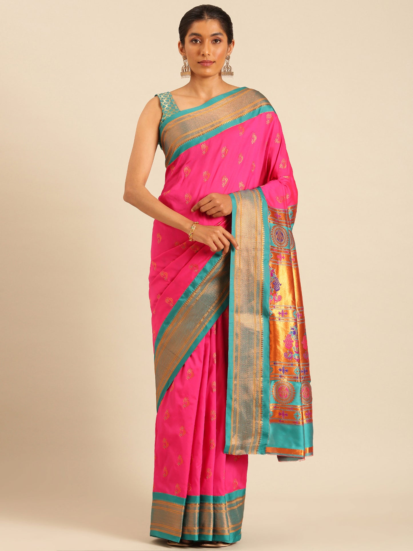 Baanai Hot Pink & Rama Soft Silk Peshwai Nath Paithani Saree