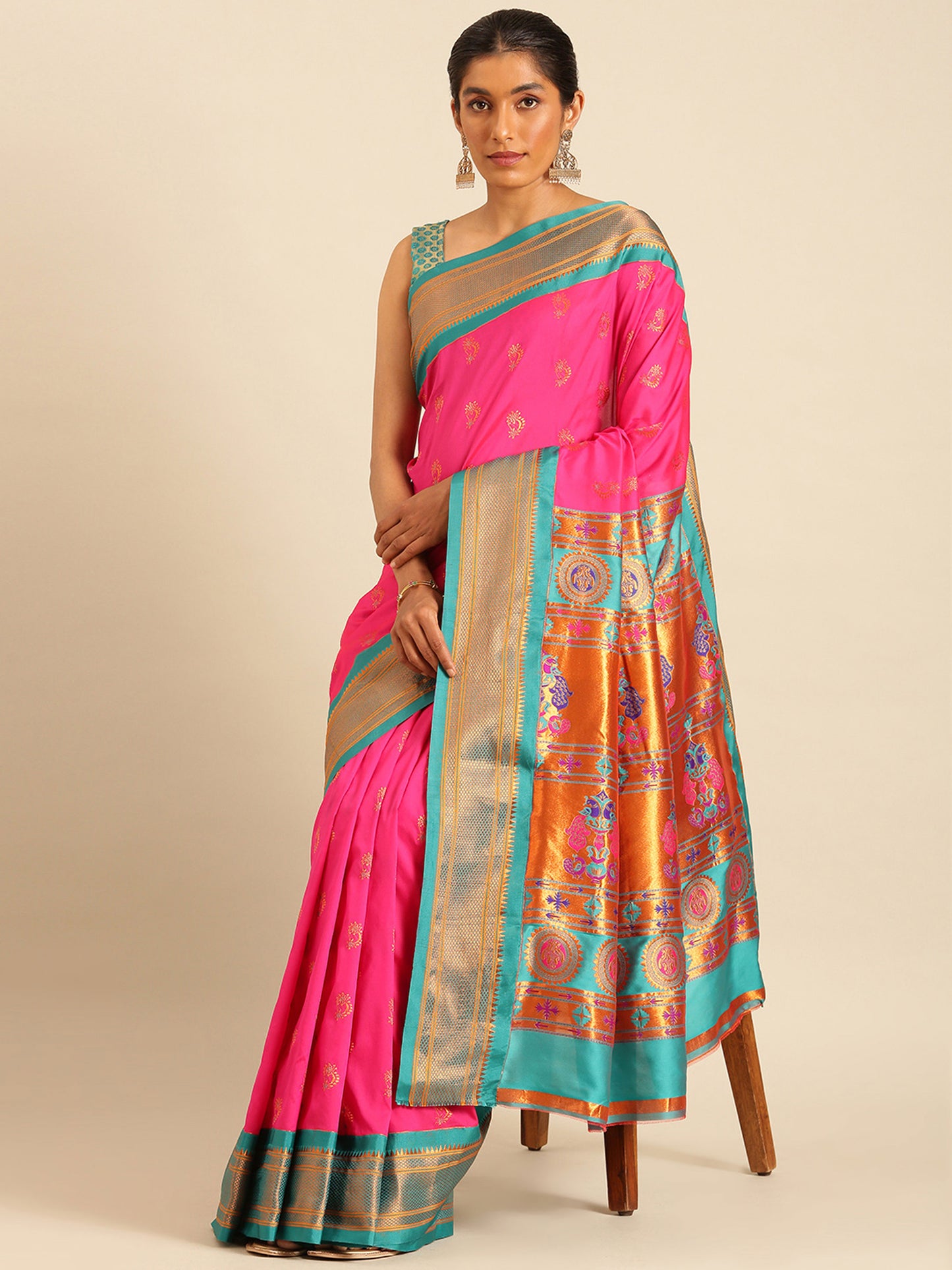 Baanai Hot Pink & Rama Soft Silk Peshwai Nath Paithani Saree