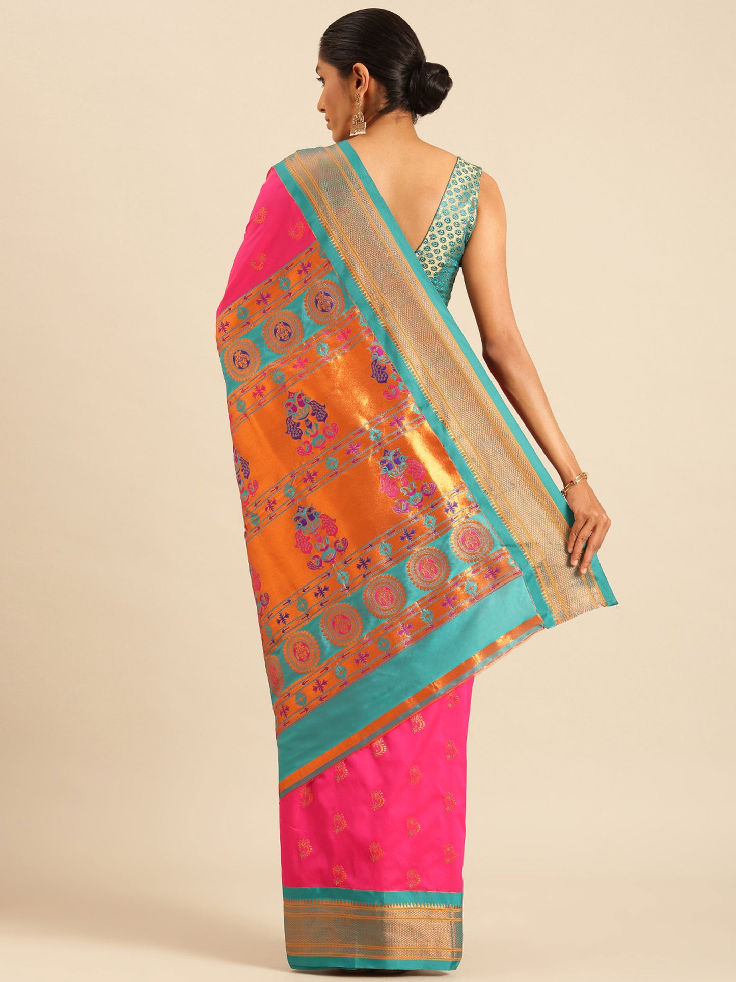 Baanai Hot Pink & Rama Soft Silk Peshwai Nath Paithani Saree