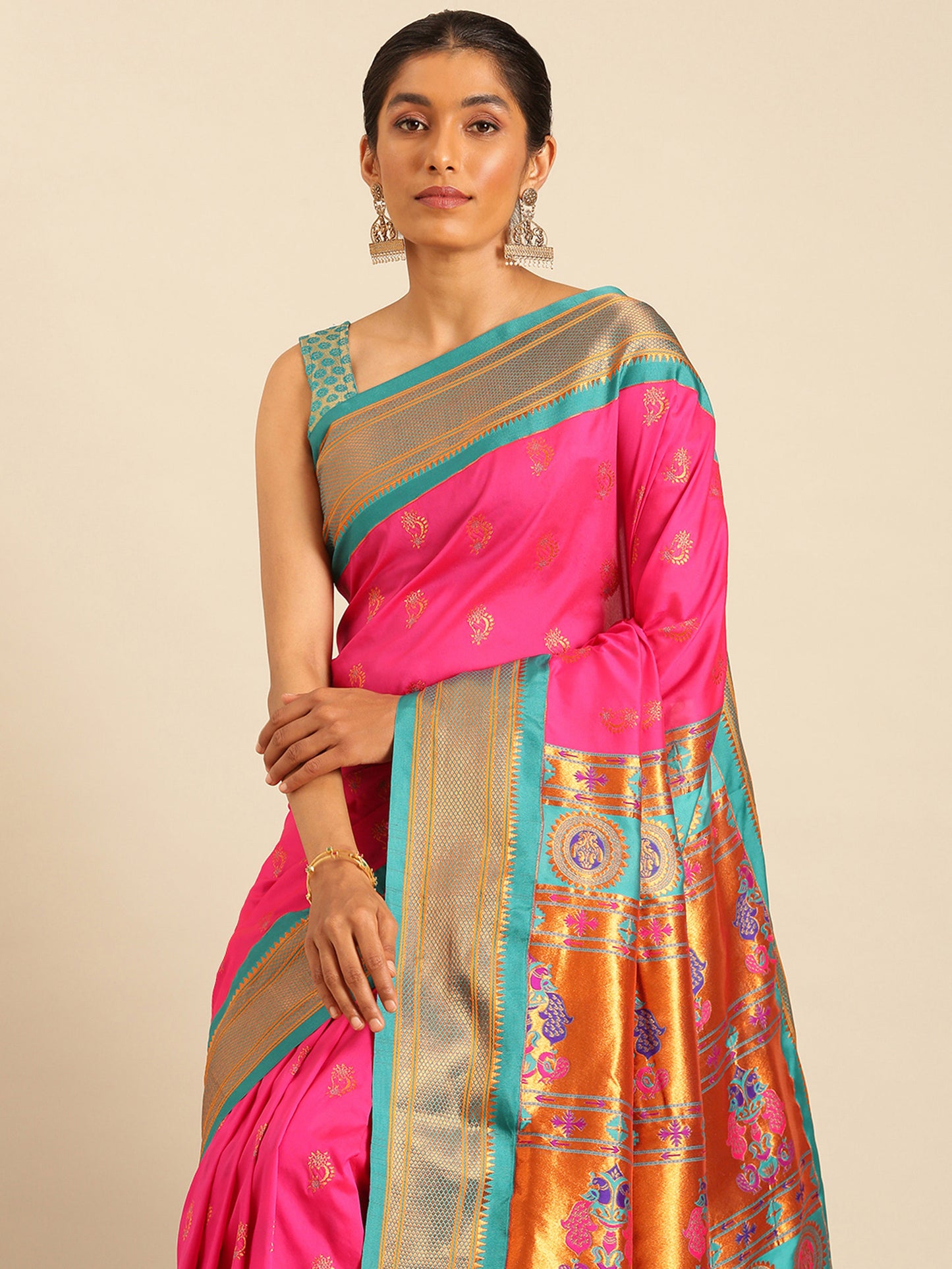 Baanai Hot Pink & Rama Soft Silk Peshwai Nath Paithani Saree
