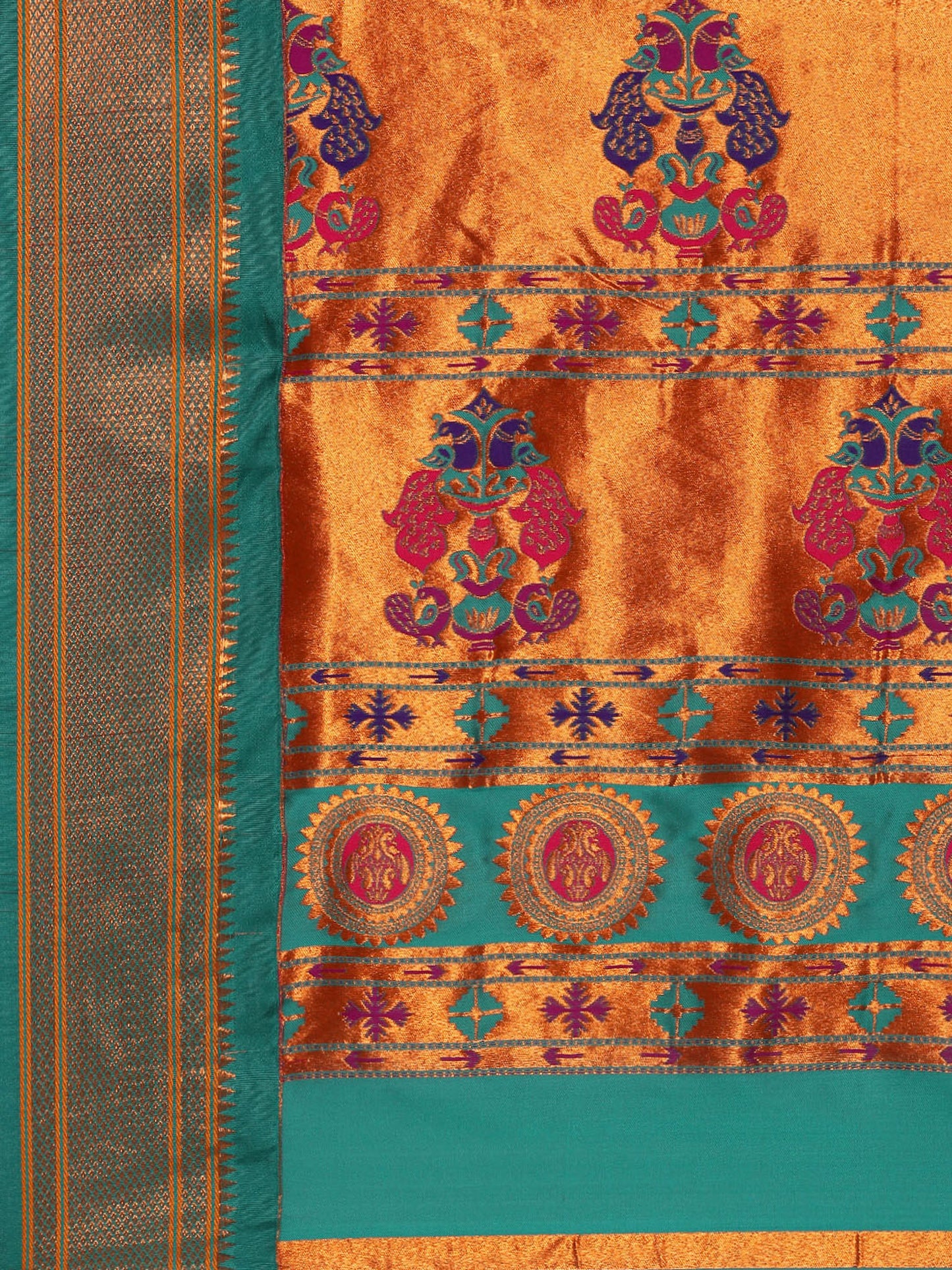 Baanai Hot Pink & Rama Soft Silk Peshwai Nath Paithani Saree