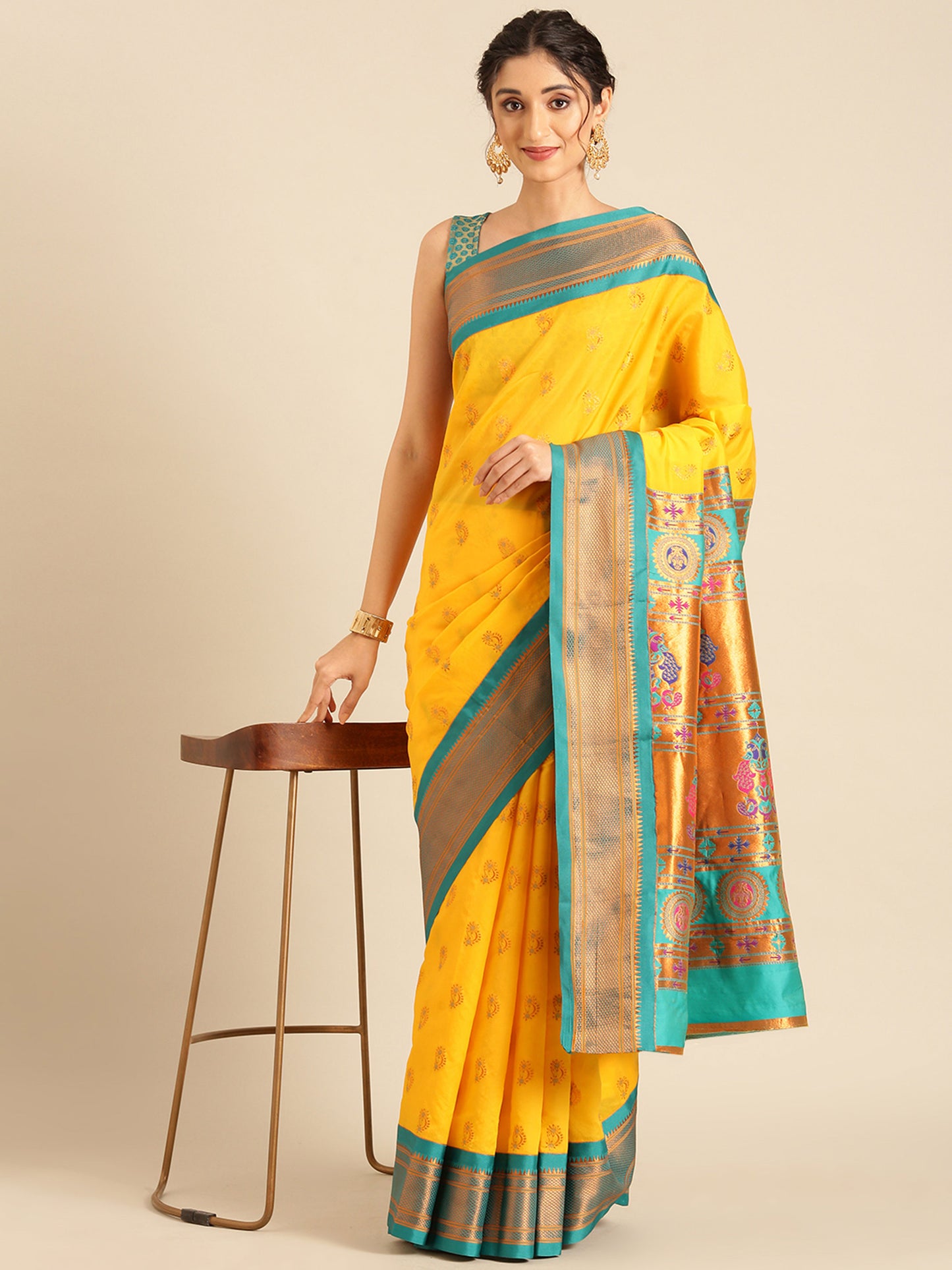 Baanai Haldi & Rama Soft Silk Peshwai Nath Paithani Saree