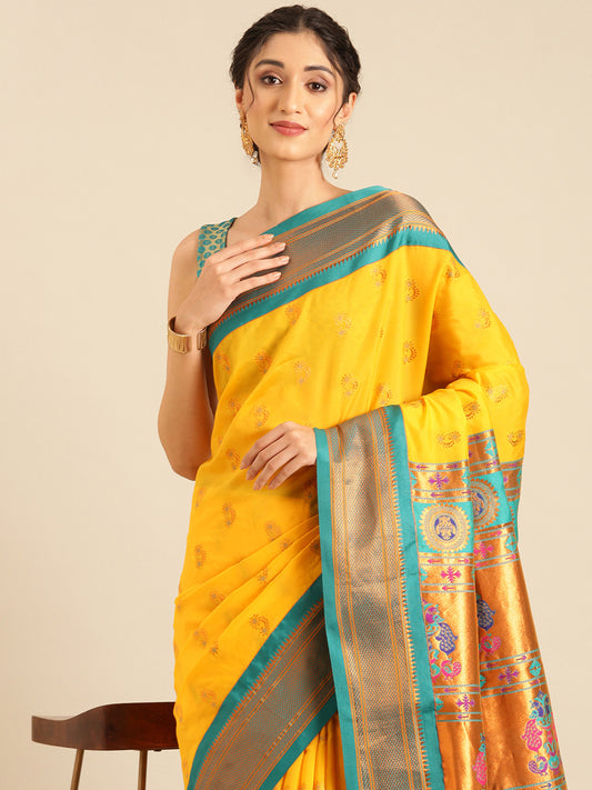 Baanai Haldi & Rama Soft Silk Peshwai Nath Paithani Saree