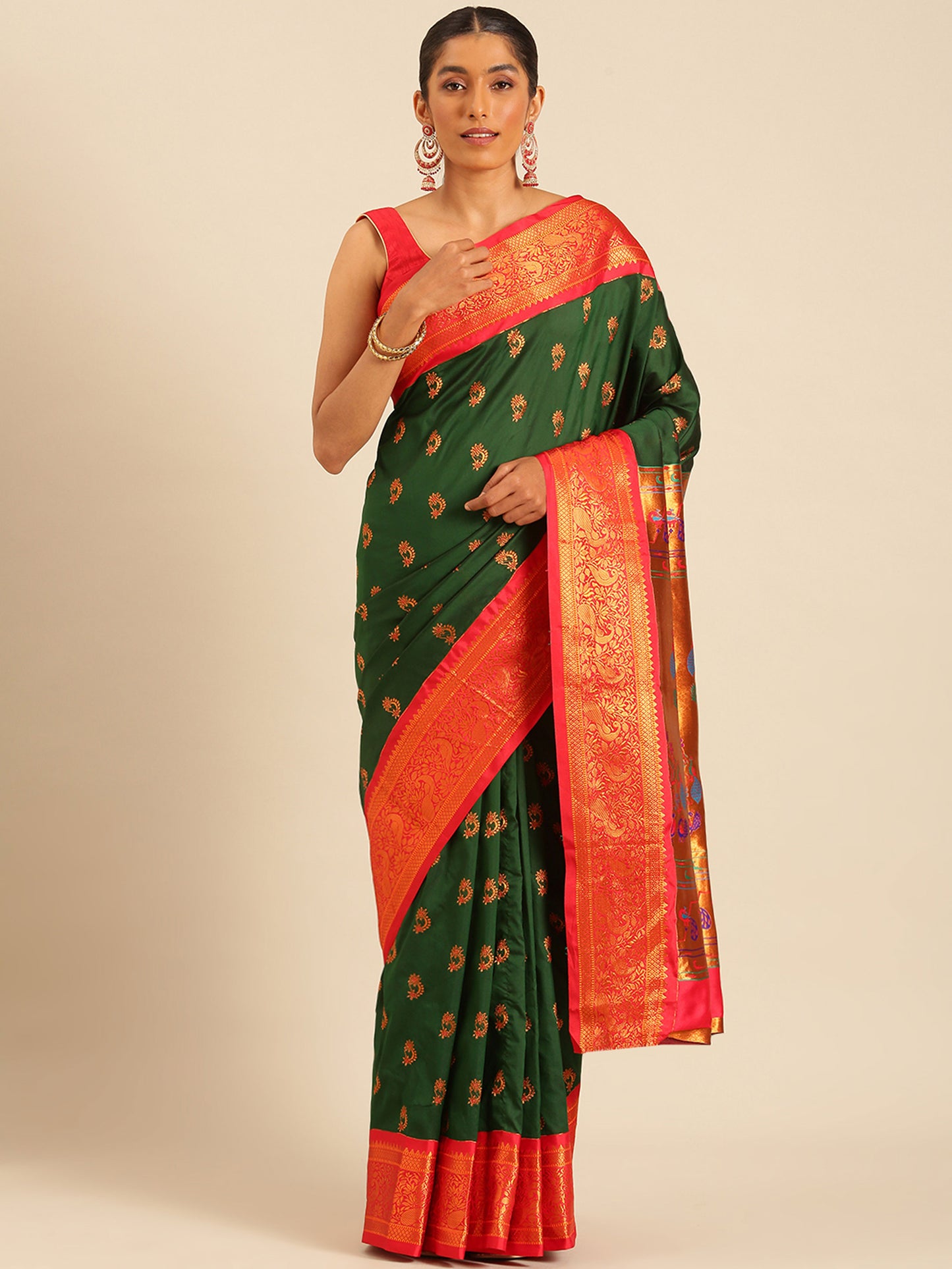 Mhalasa Bottle Green & Red Soft Silk Peshwai Nath Paithani Saree