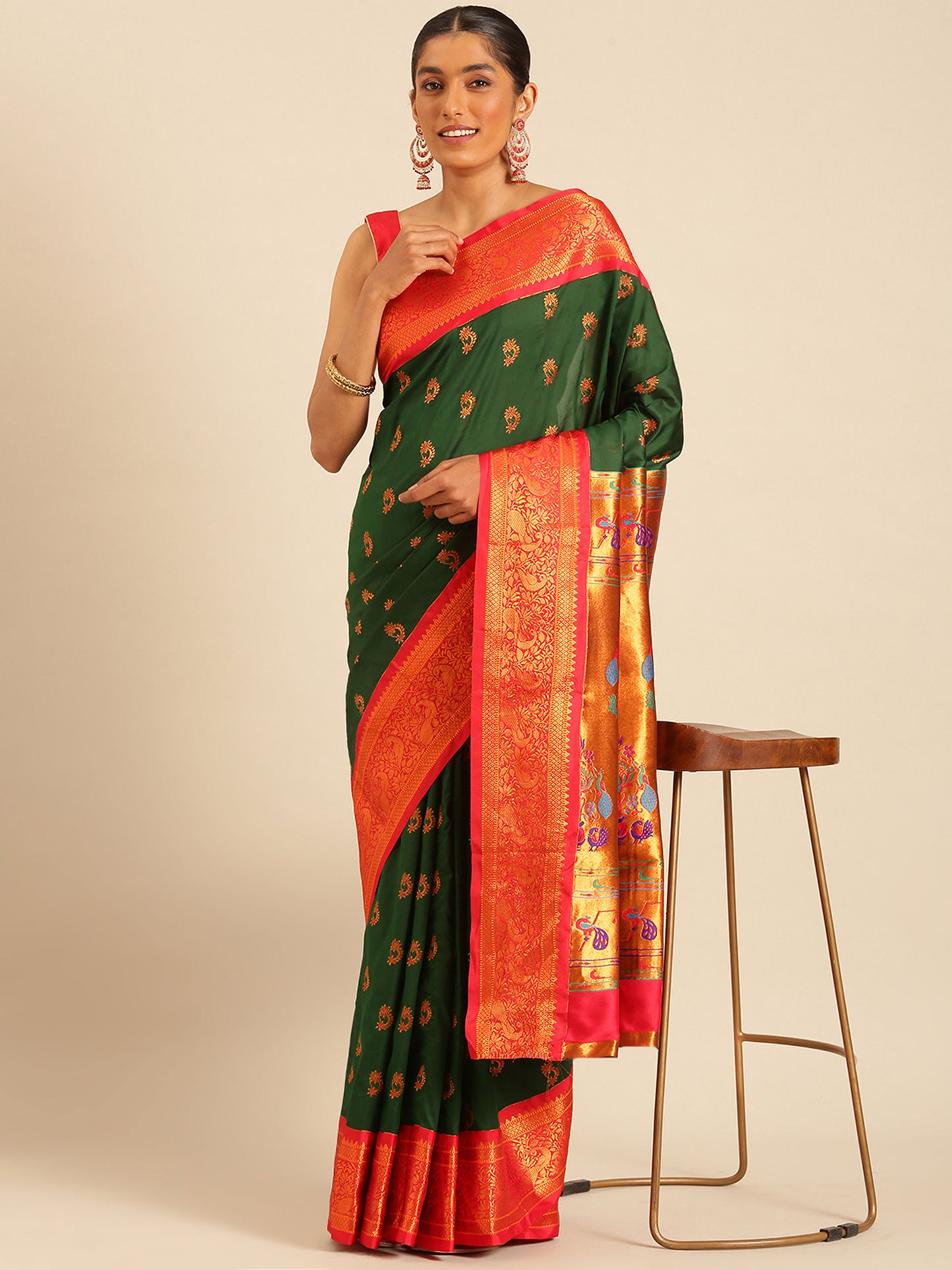 Mhalasa Bottle Green & Red Soft Silk Peshwai Nath Paithani Saree
