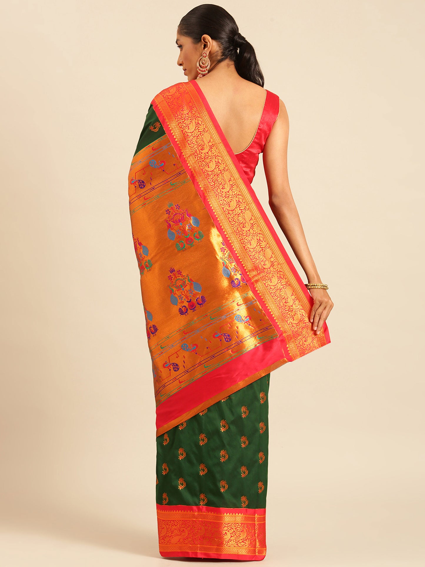 Mhalasa Bottle Green & Red Soft Silk Peshwai Nath Paithani Saree