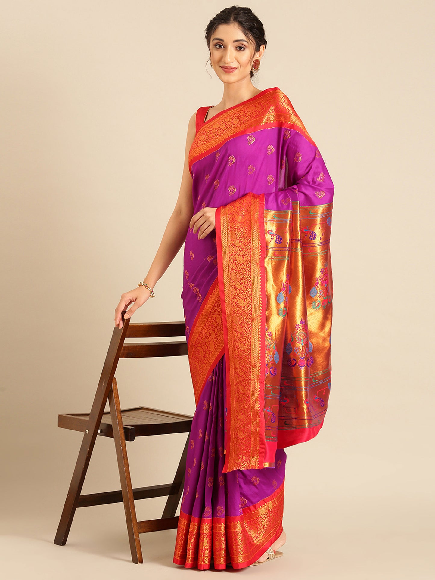 Mhalasa Purple & Red Soft Silk Peshwai Nath Paithani Saree