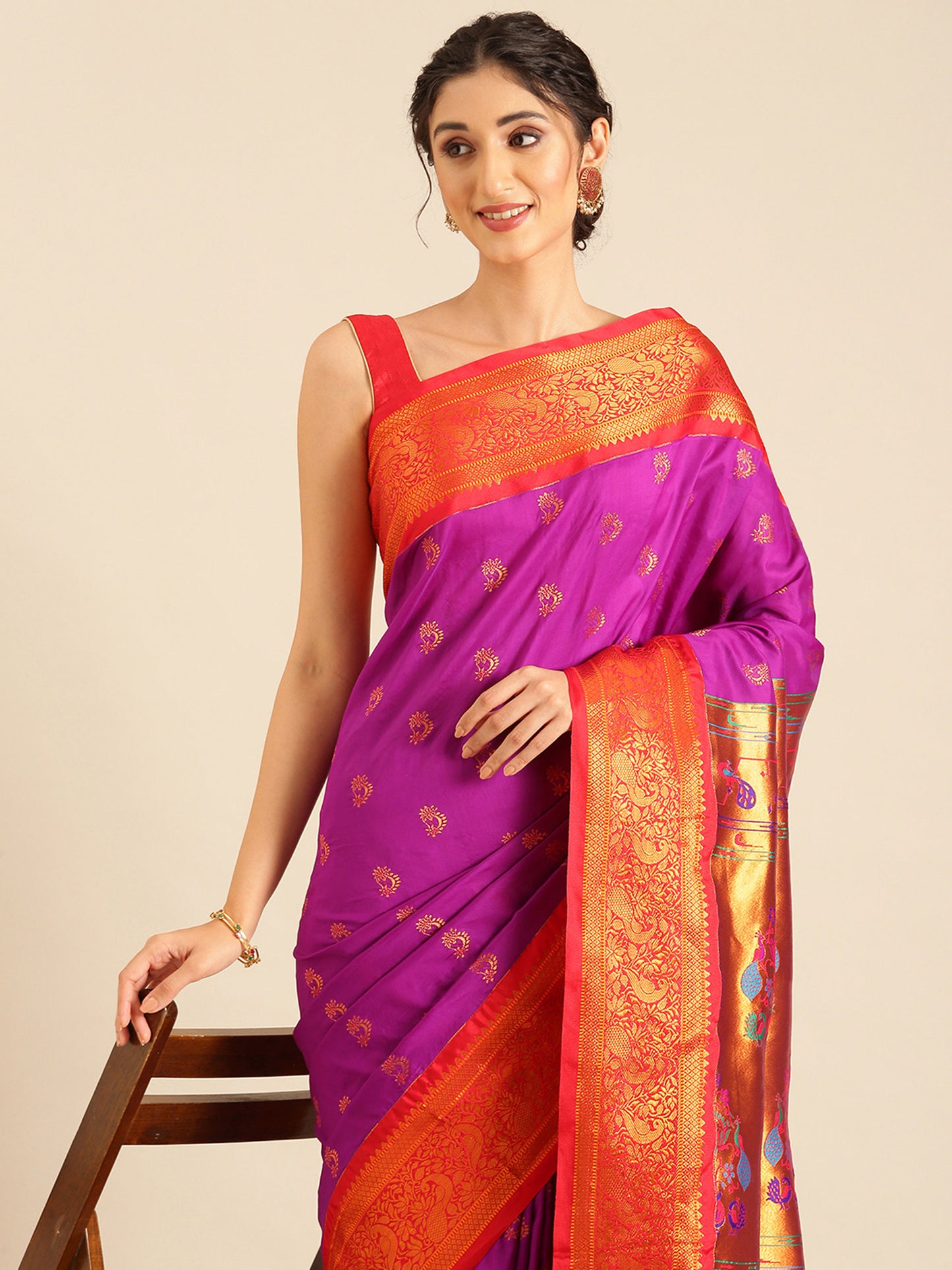 Mhalasa Purple & Red Soft Silk Peshwai Nath Paithani Saree