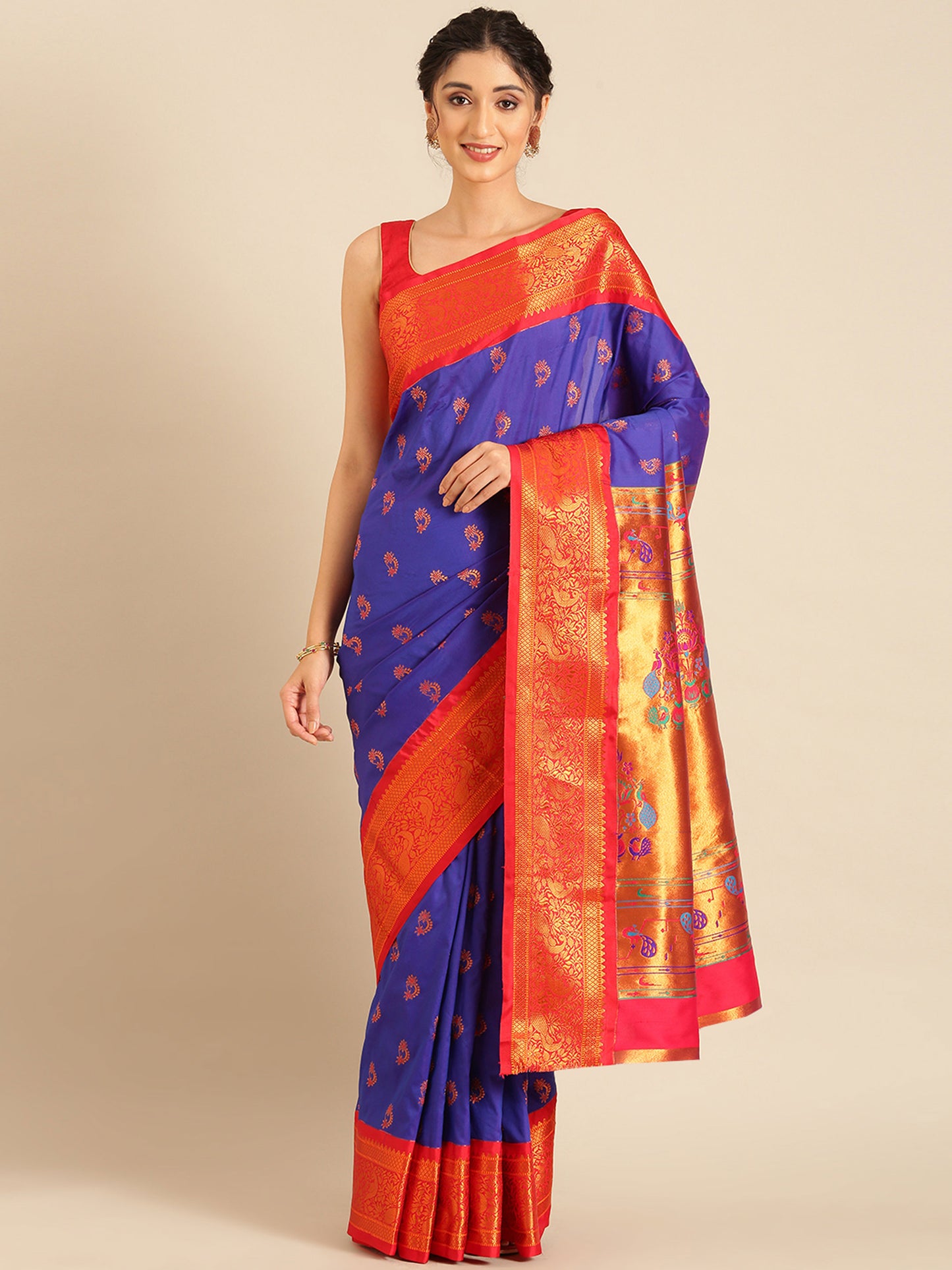 Mhalasa Royal Blue & Red Soft Silk Peshwai Nath Paithani Saree
