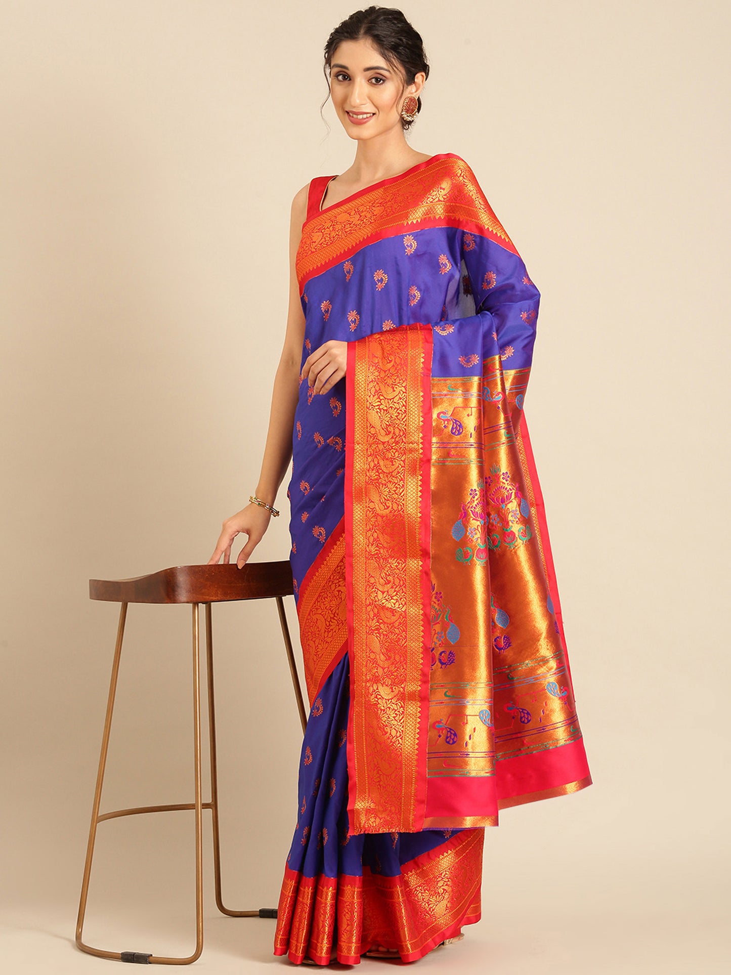 Mhalasa Royal Blue & Red Soft Silk Peshwai Nath Paithani Saree