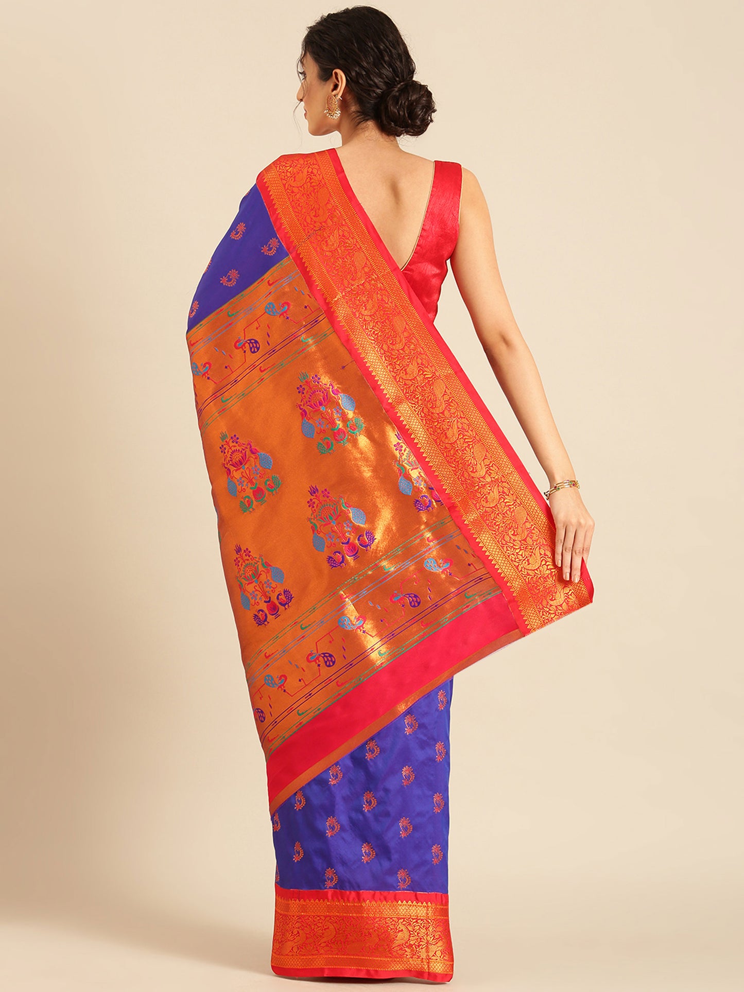 Mhalasa Royal Blue & Red Soft Silk Peshwai Nath Paithani Saree