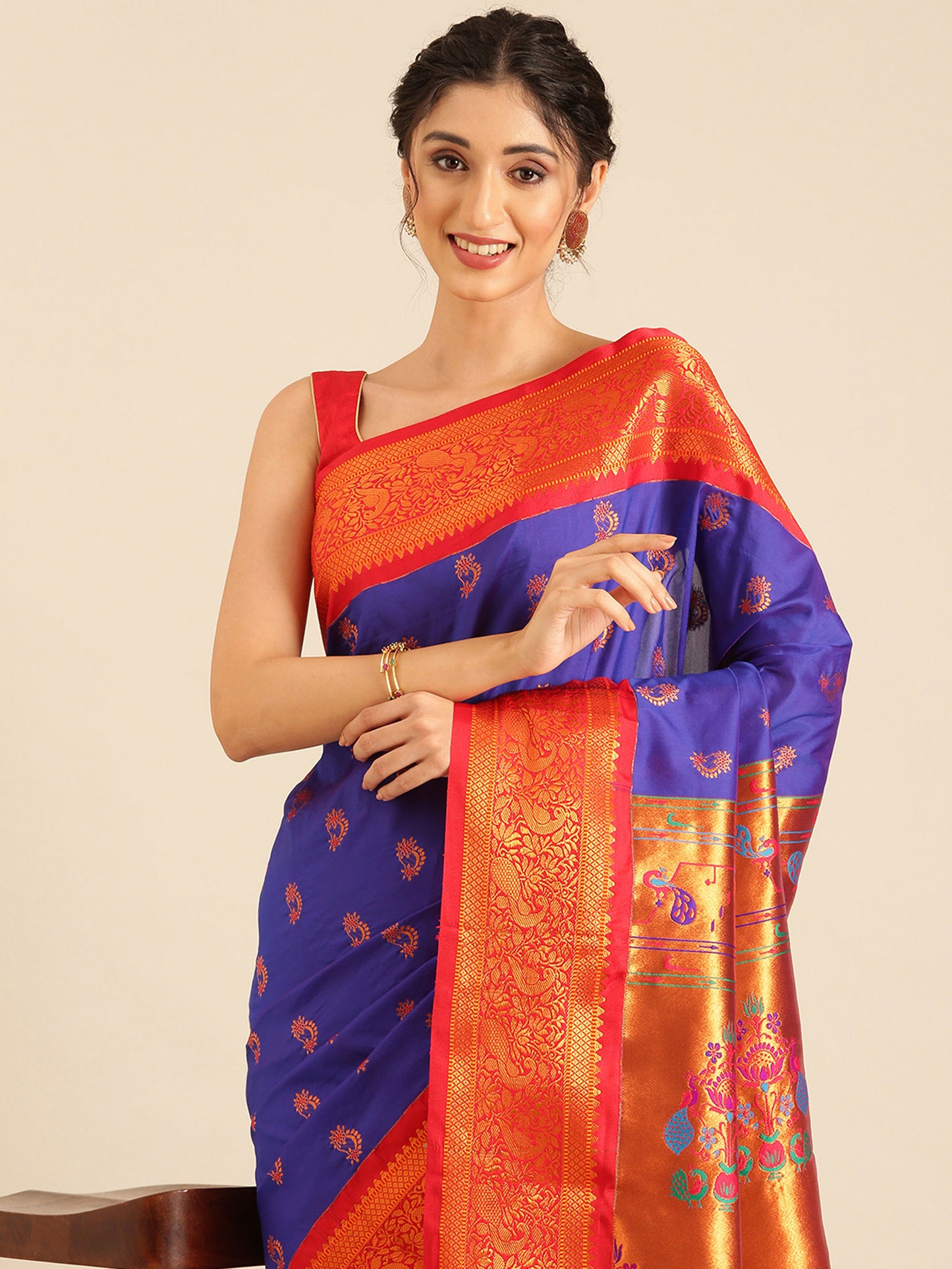 Mhalasa Royal Blue & Red Soft Silk Peshwai Nath Paithani Saree