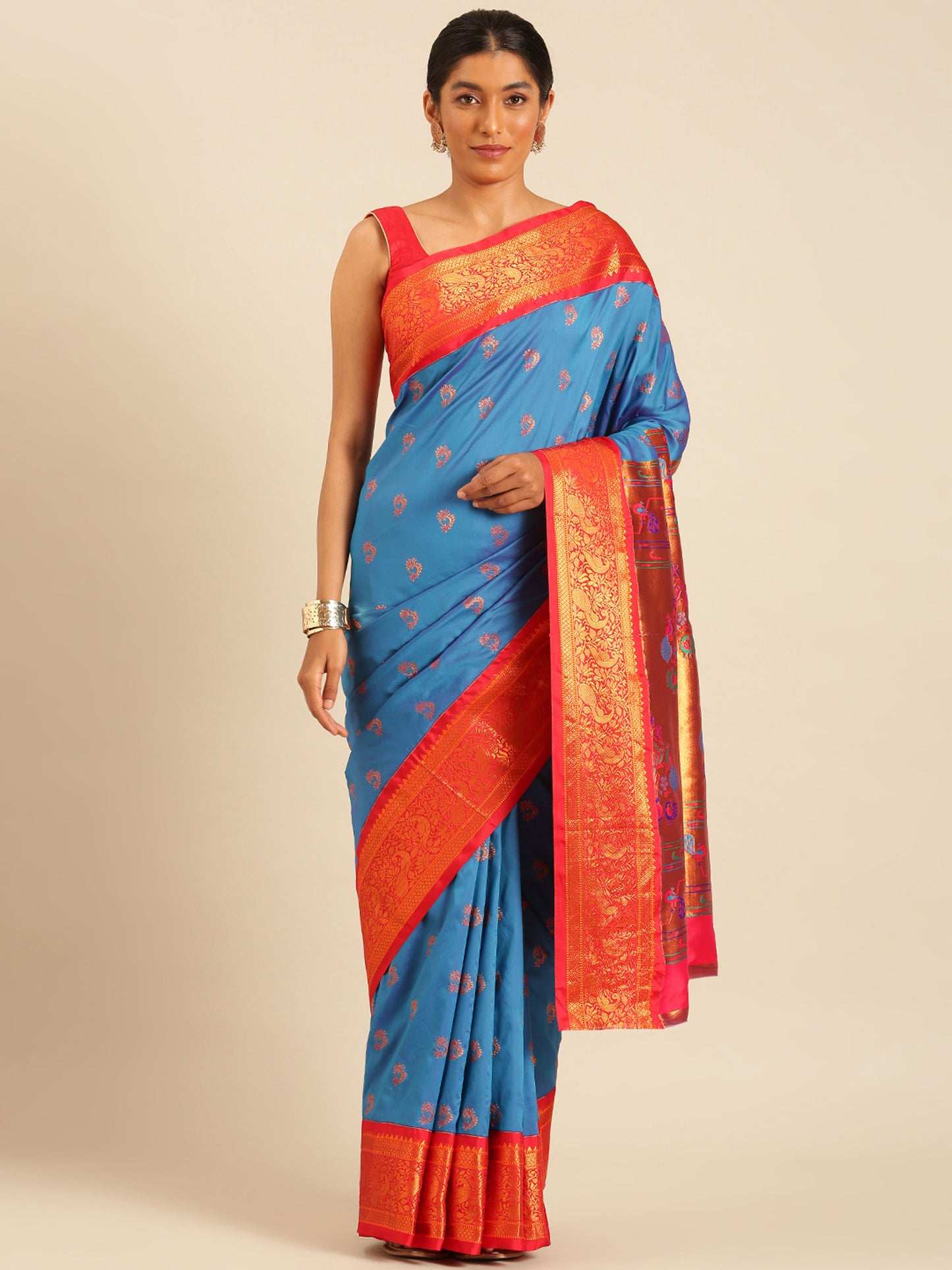 Mhalasa Firozi & Red Soft Silk Peshwai Nath Paithani Saree
