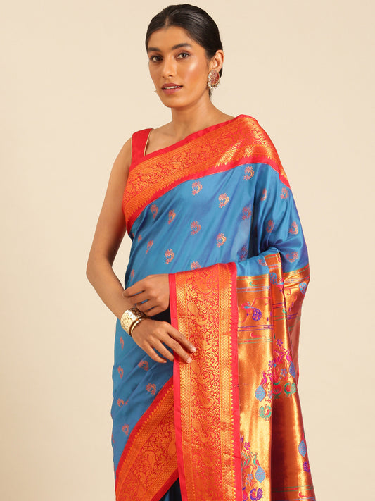 Mhalasa Firozi & Red Soft Silk Peshwai Nath Paithani Saree