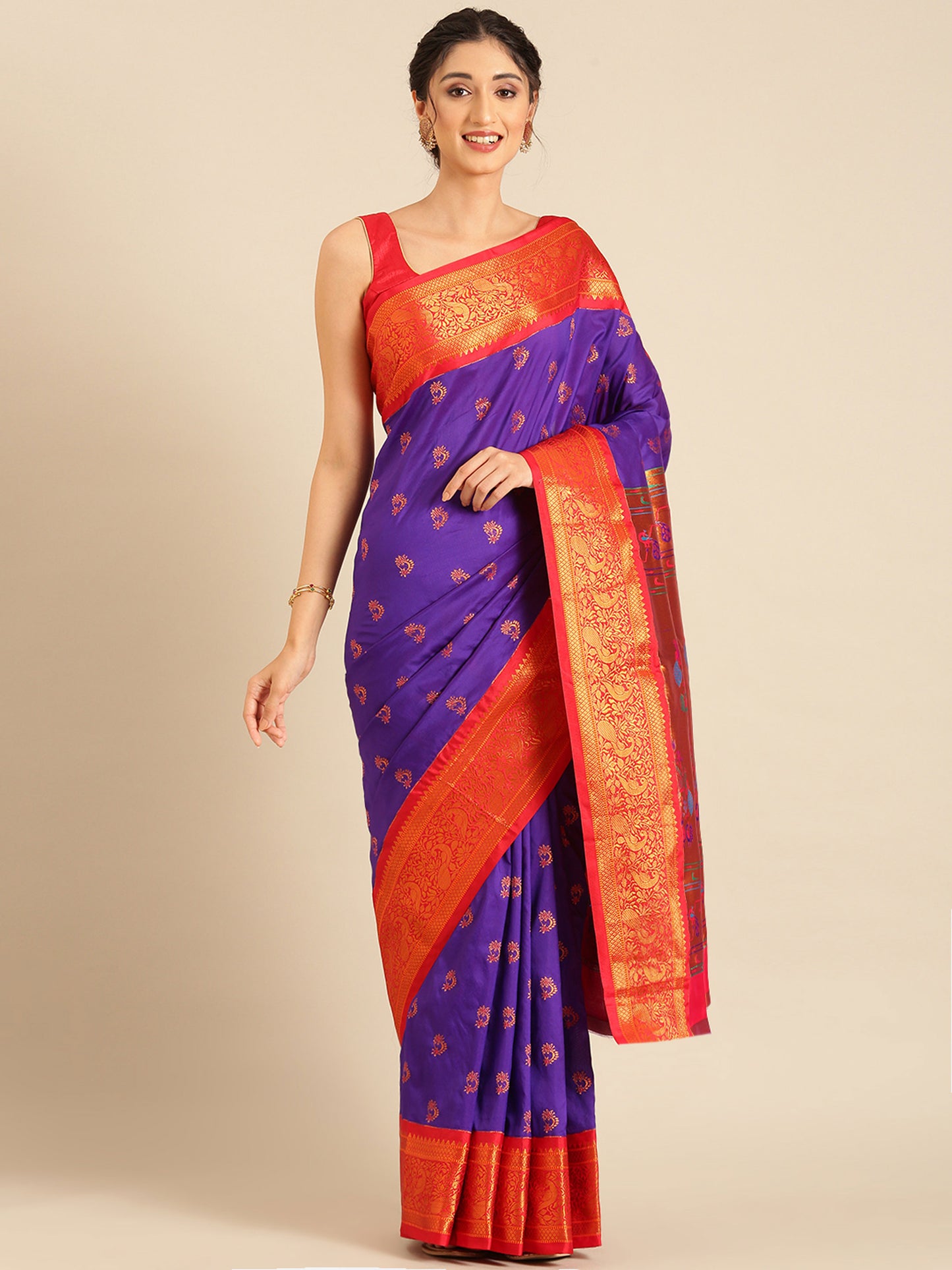 Mhalasa Indigo Blue & Red Soft Silk Peshwai Nath Paithani Saree