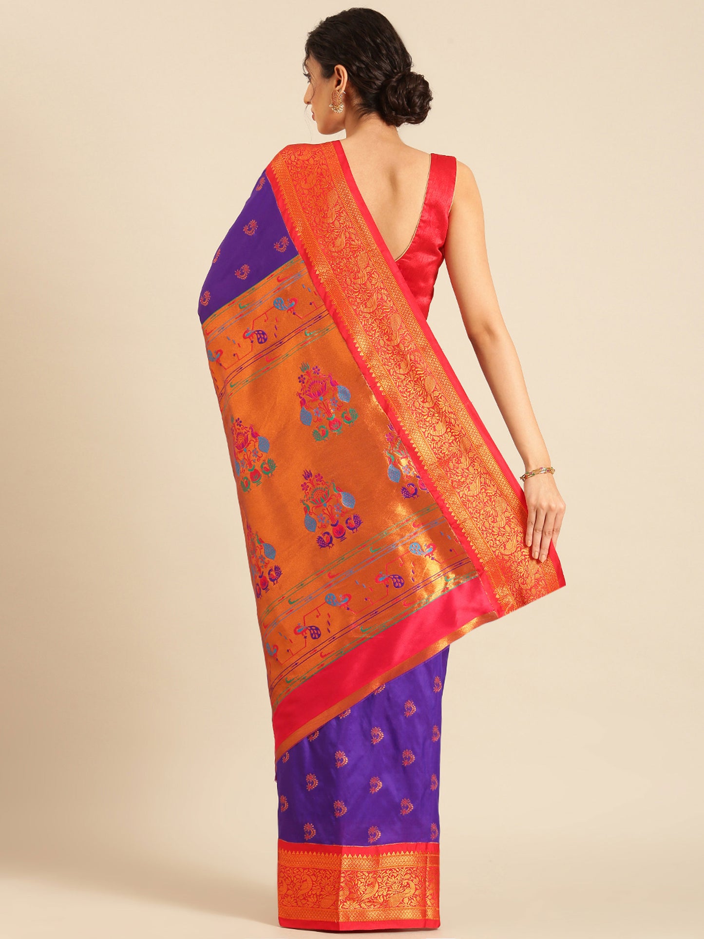 Mhalasa Indigo Blue & Red Soft Silk Peshwai Nath Paithani Saree