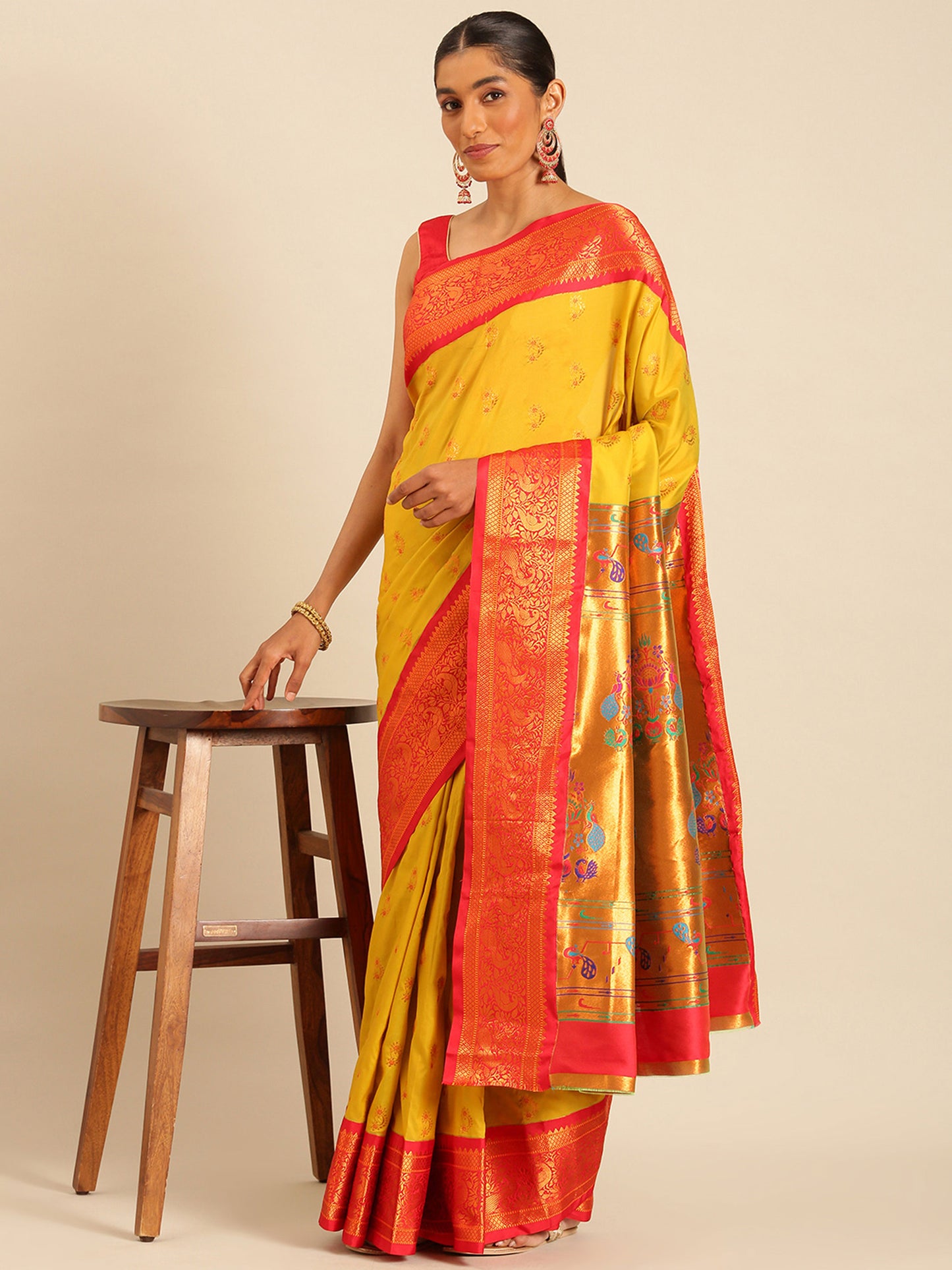 Mhalasa Mustard & Red Soft Silk Peshwai Nath Paithani Saree