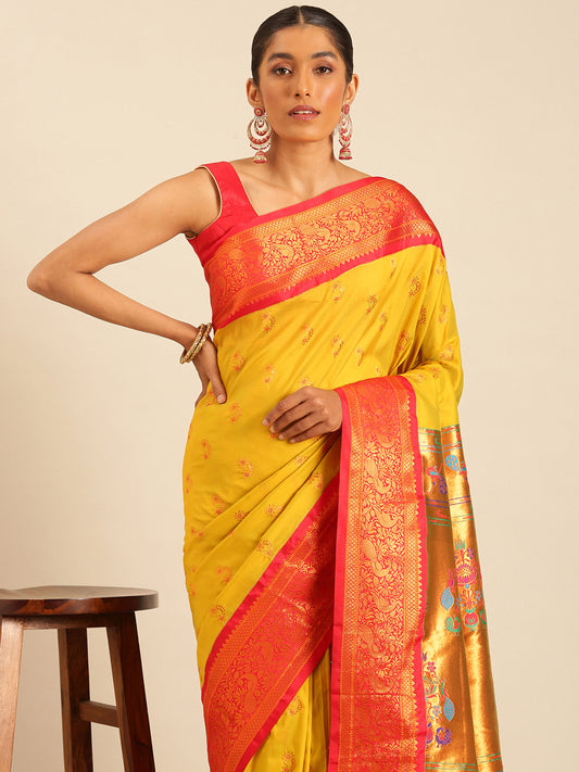 Mhalasa Mustard & Red Soft Silk Peshwai Nath Paithani Saree