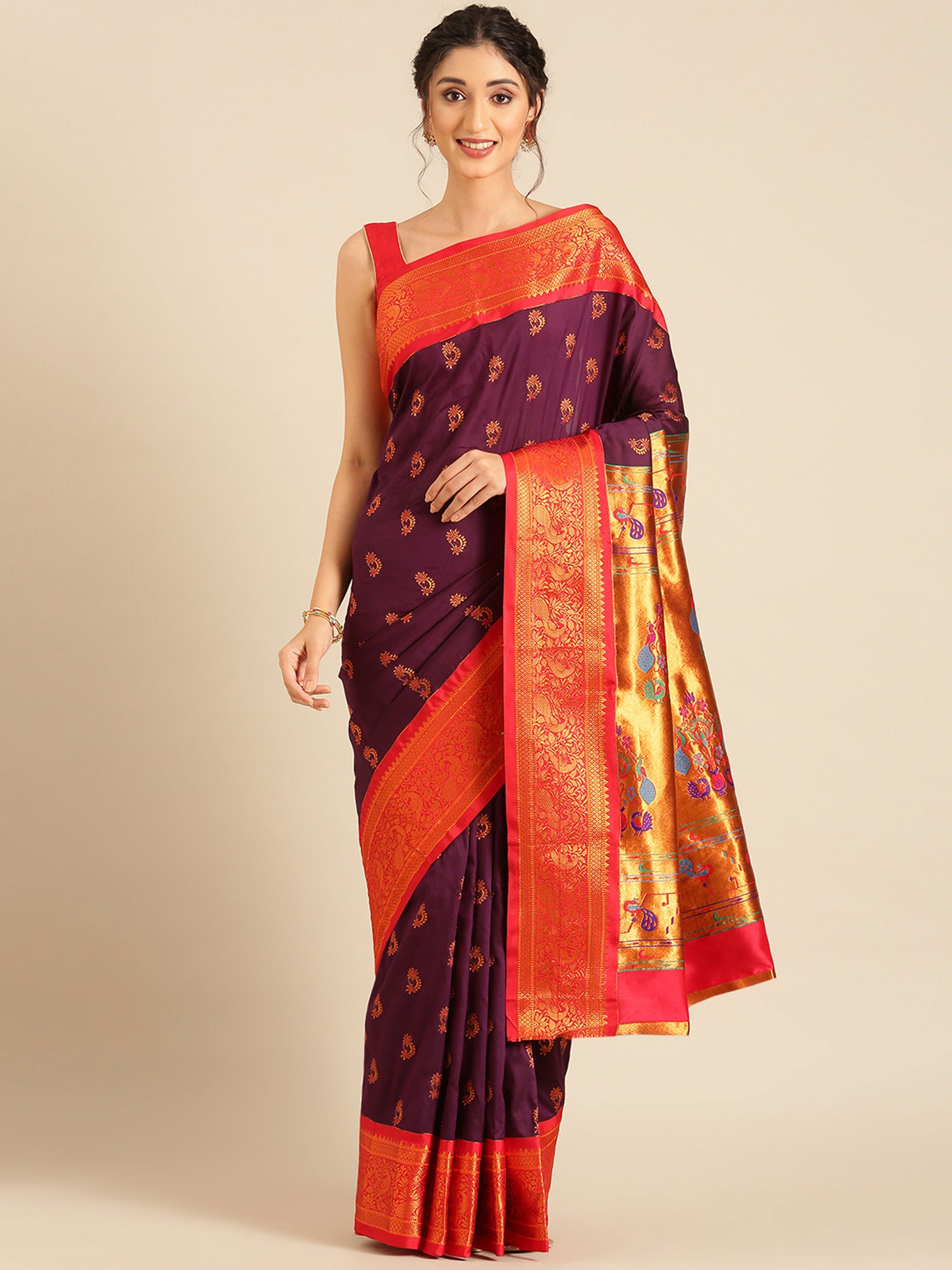 Mhalasa Maroon & Red Soft Silk Peshwai Nath Paithani Saree