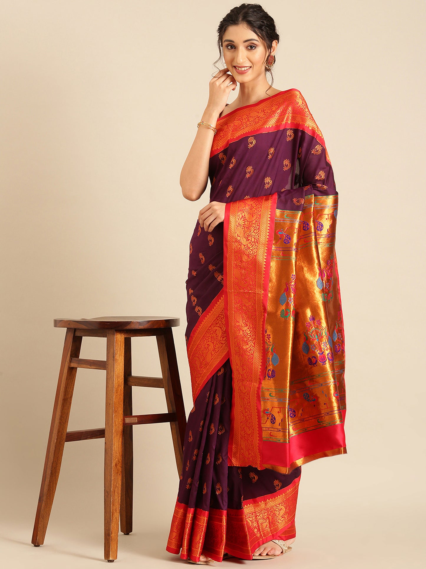 Mhalasa Maroon & Red Soft Silk Peshwai Nath Paithani Saree