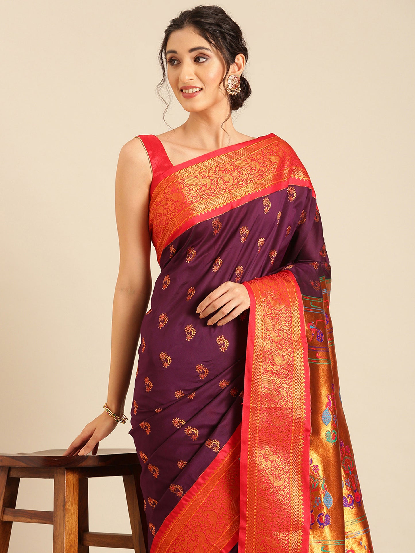 Mhalasa Maroon & Red Soft Silk Peshwai Nath Paithani Saree
