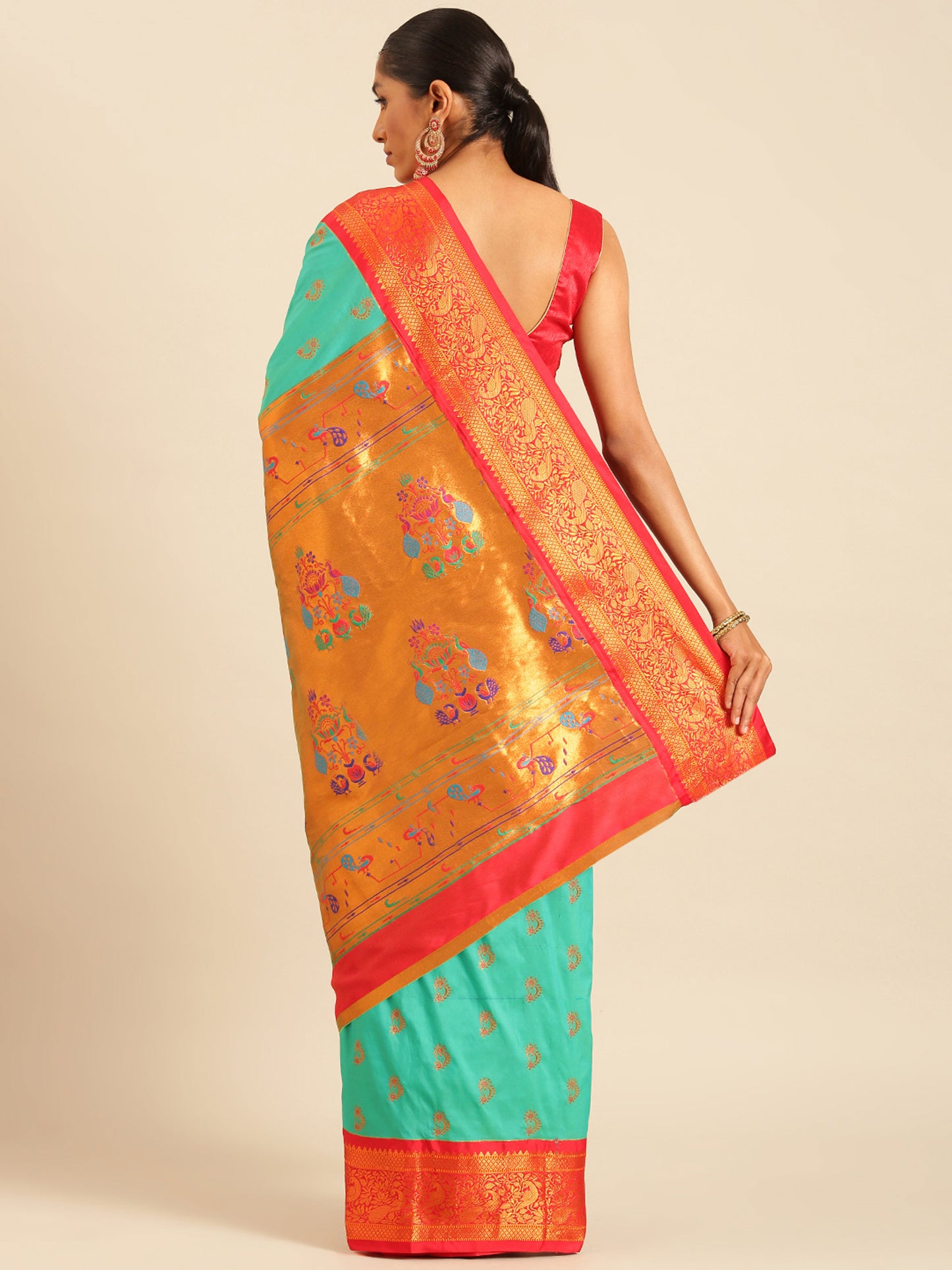 Mhalasa Sea Green & Red Soft Silk Peshwai Nath Paithani Saree
