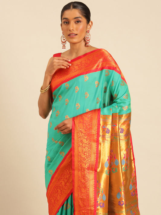 Mhalasa Sea Green & Red Soft Silk Peshwai Nath Paithani Saree