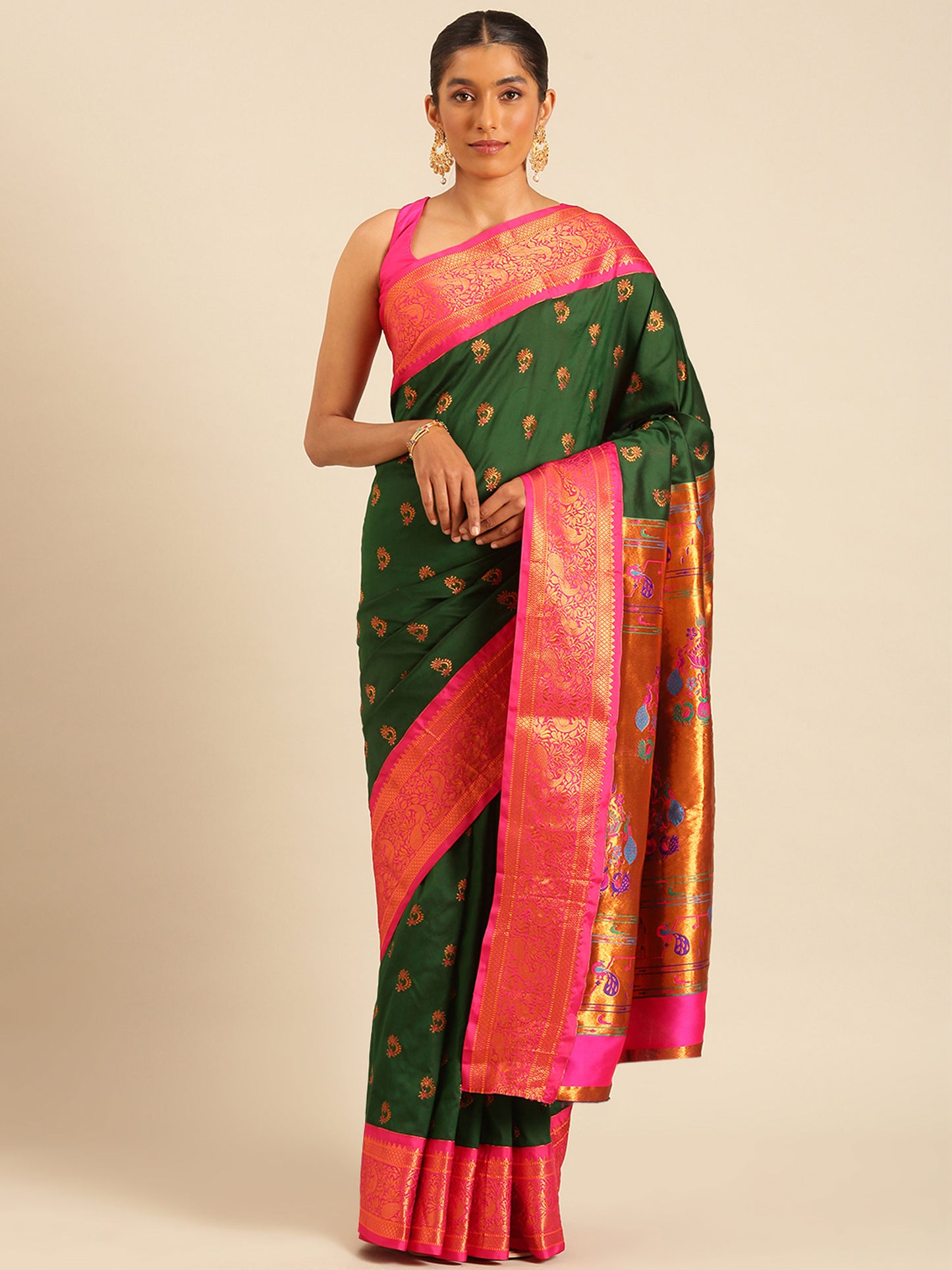 Mhalasa Bottle Green & Pink Soft Silk Peshwai Nath Paithani Saree