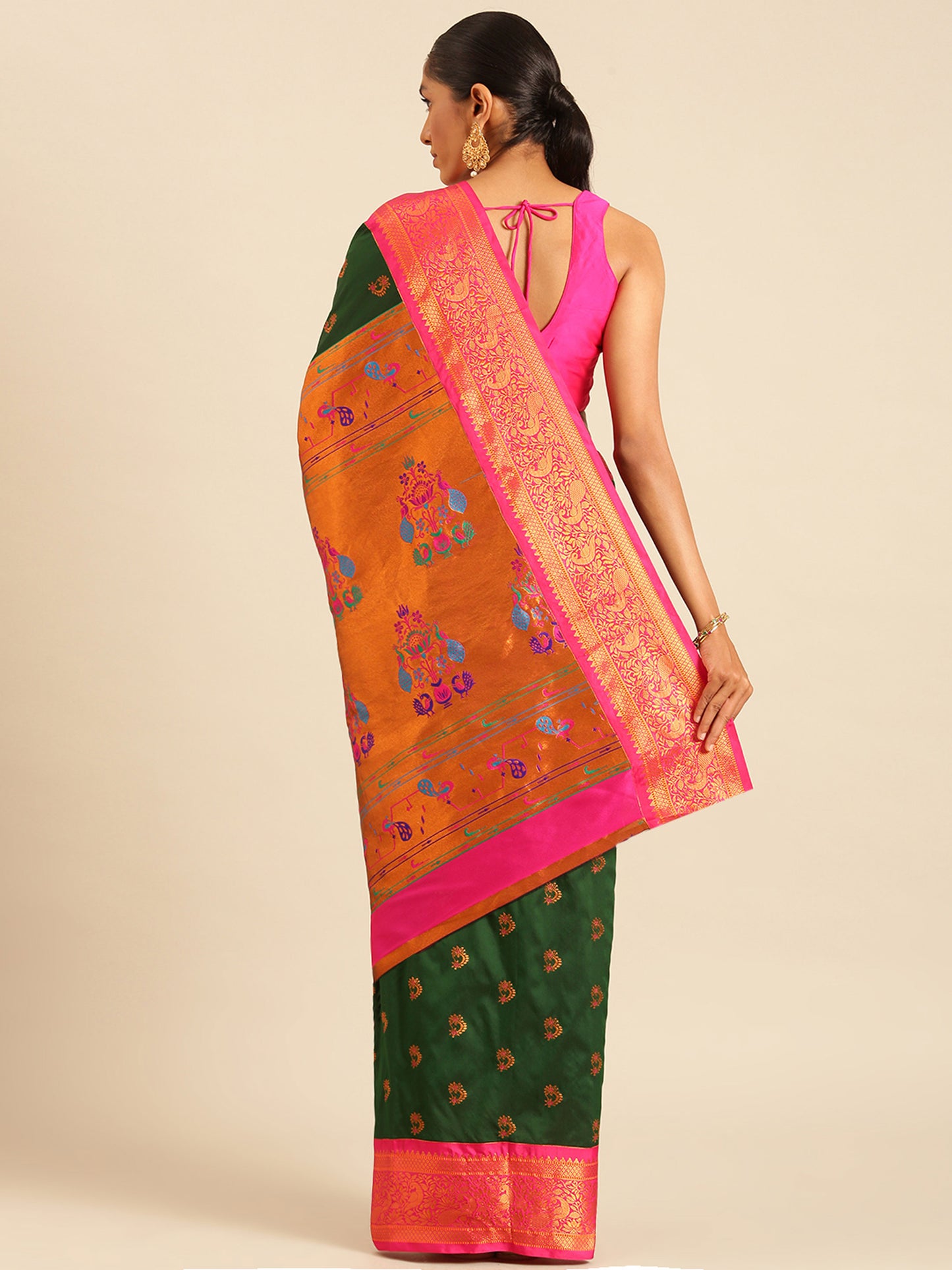 Mhalasa Bottle Green & Pink Soft Silk Peshwai Nath Paithani Saree