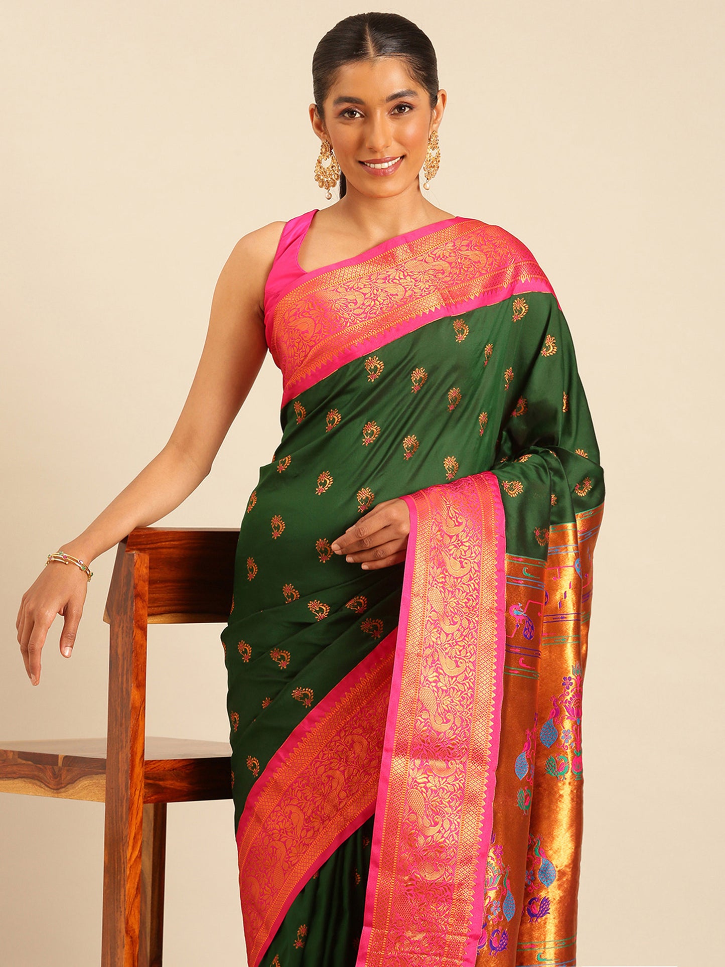 Mhalasa Bottle Green & Pink Soft Silk Peshwai Nath Paithani Saree