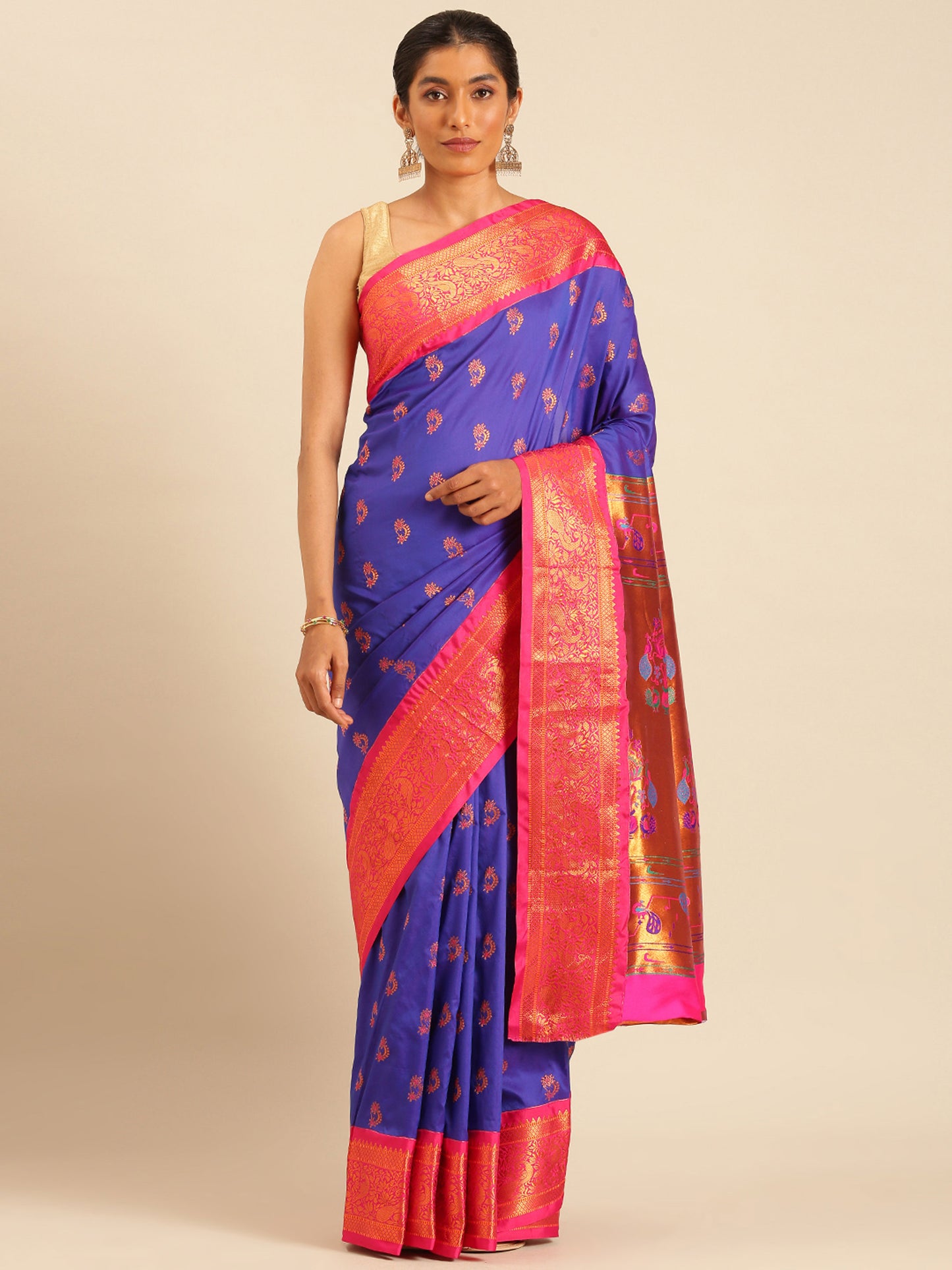 Mhalasa Royal Blue & Pink Soft Silk Peshwai Nath Paithani Saree