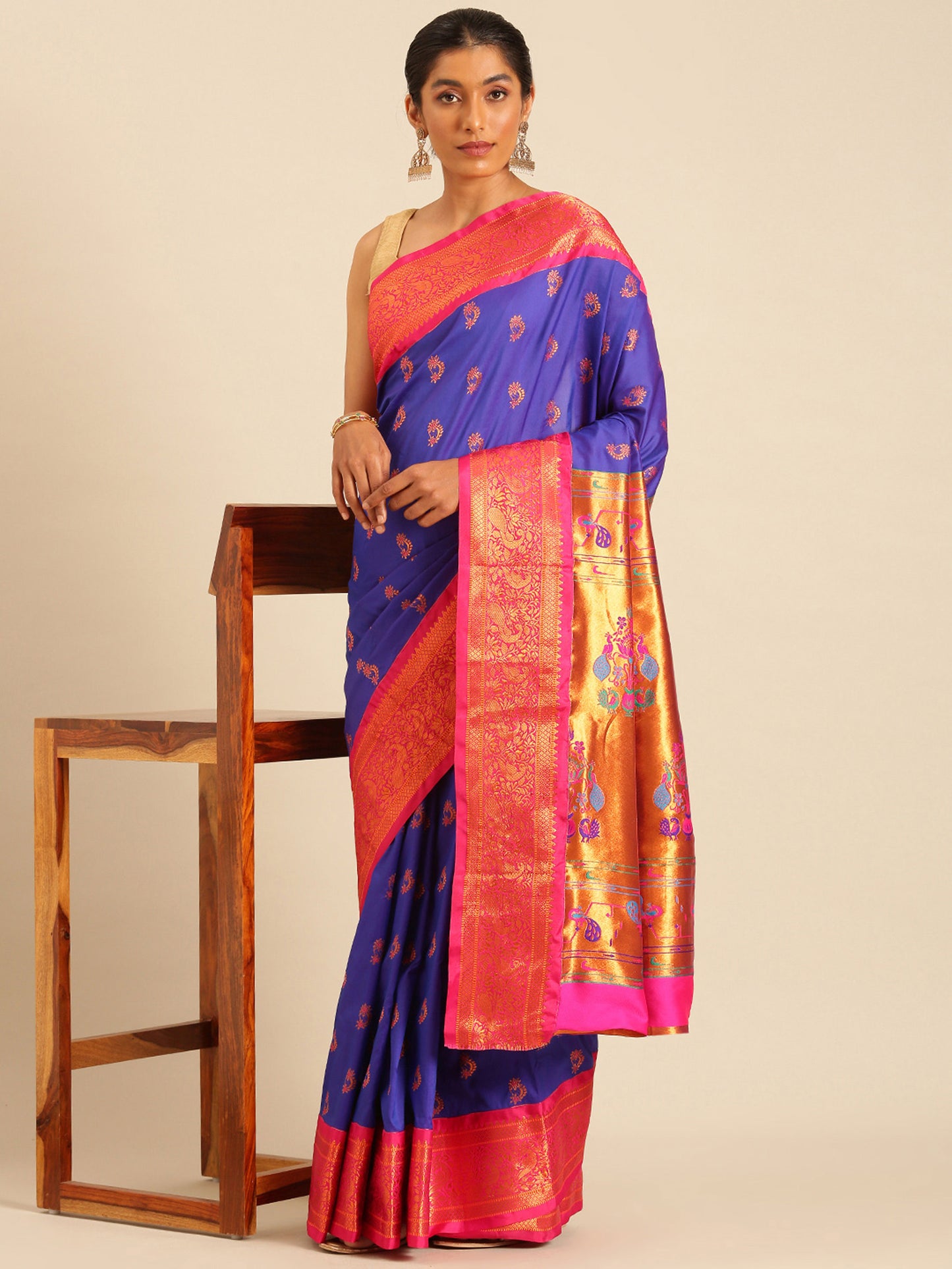Mhalasa Royal Blue & Pink Soft Silk Peshwai Nath Paithani Saree