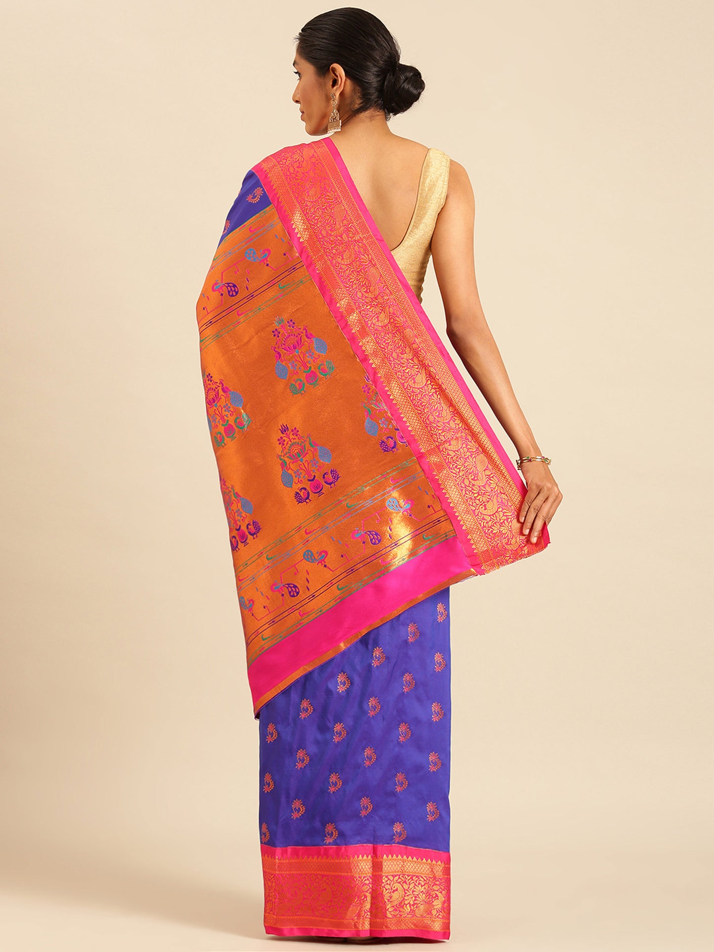 Mhalasa Royal Blue & Pink Soft Silk Peshwai Nath Paithani Saree