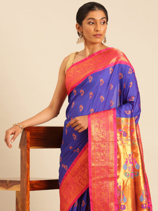 Mhalasa Royal Blue & Pink Soft Silk Peshwai Nath Paithani Saree