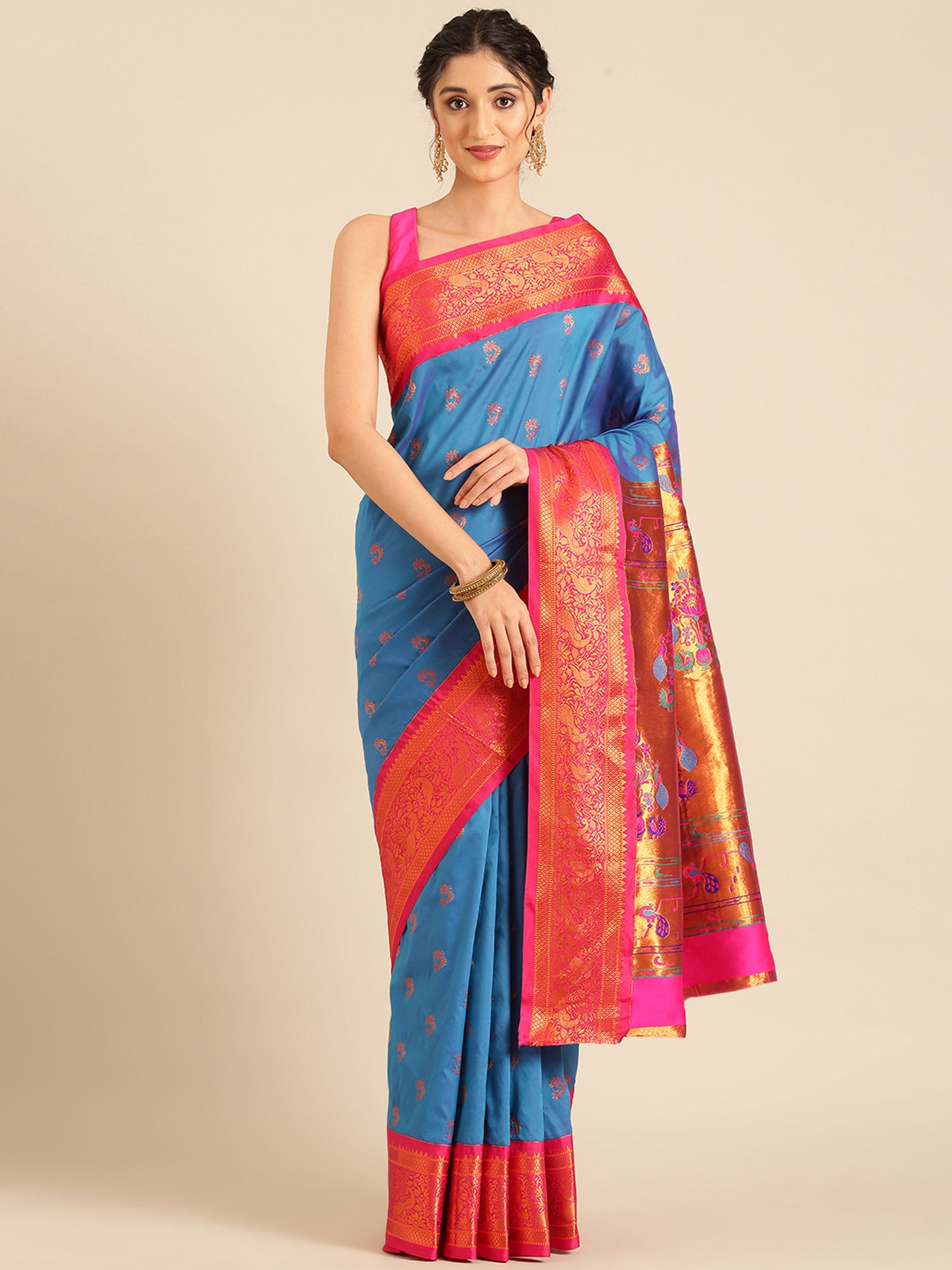 Mhalasa Firozi & Pink Soft Silk Peshwai Nath Paithani Saree